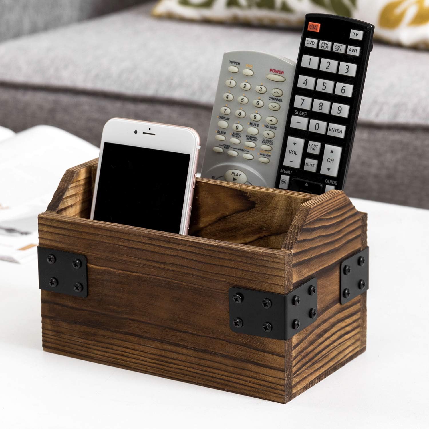 MyGift Organizador rústico de madera quemada para TV, organizador de almacenamiento para mesa con 2 compartimentos y detalles decorativos de metal