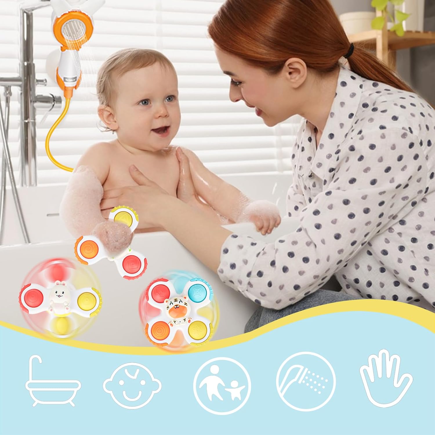 Juguetes de baño con 3 piezas de ventosa, juguetes giratorios eléctricos de rábano submarino para baby shower, juguetes de agua para bebés, ducha
