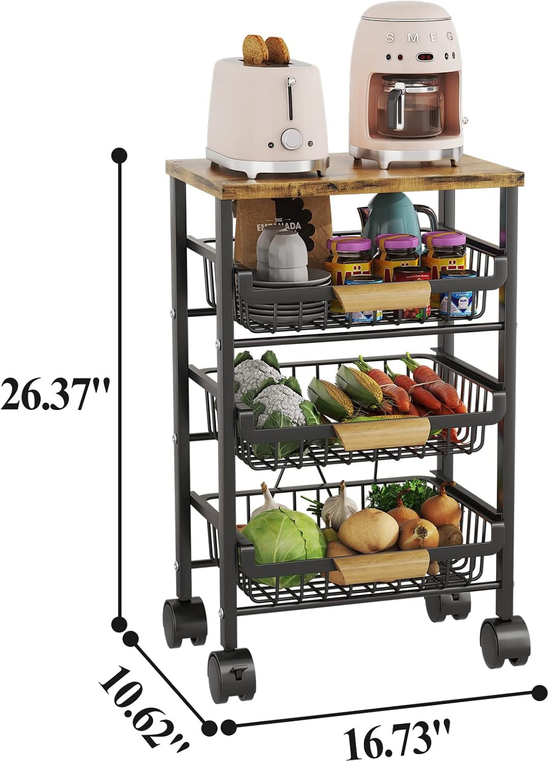 Wisdom Star Cesta de frutas de 4 niveles para cocina, carrito de almacenamiento de verduras con mesa de madera, cesta de verduras para cebollas y