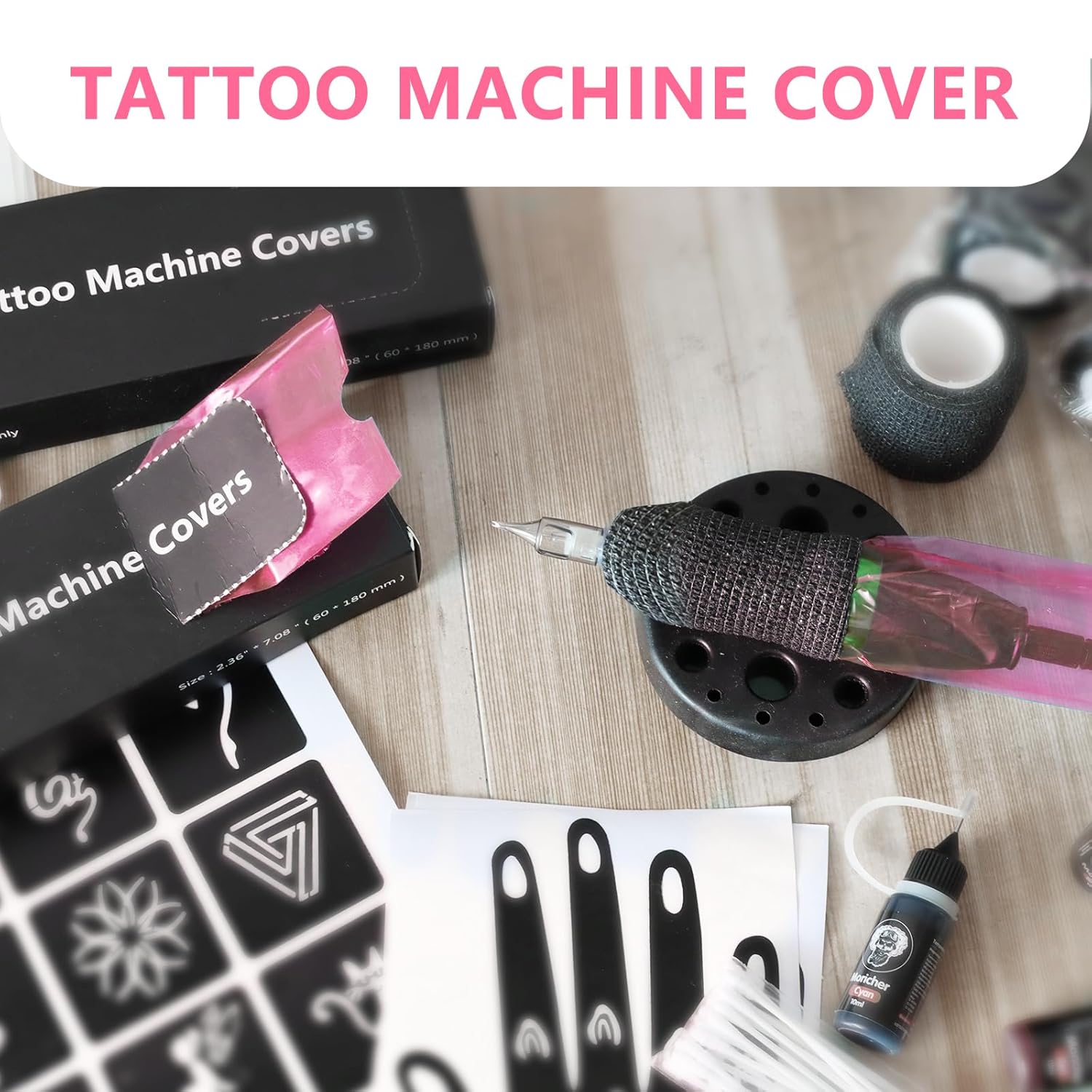 300 cubiertas para máquina de tatuaje con 4 envolturas de agarre de tatuaje y soporte para bolígrafo de tatuaje, ZHOOGE de 2.4 x 7 pulgadas,