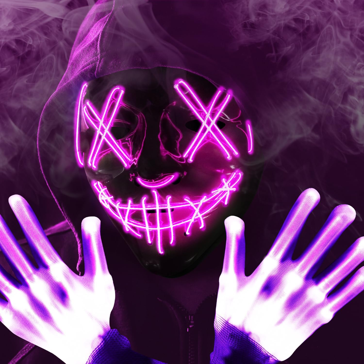OWill Halloween Light Up Mask,LED Purge Mask with Gloves,Scary Cool Teen Halloween Costumes Mask for Women Kids Boys