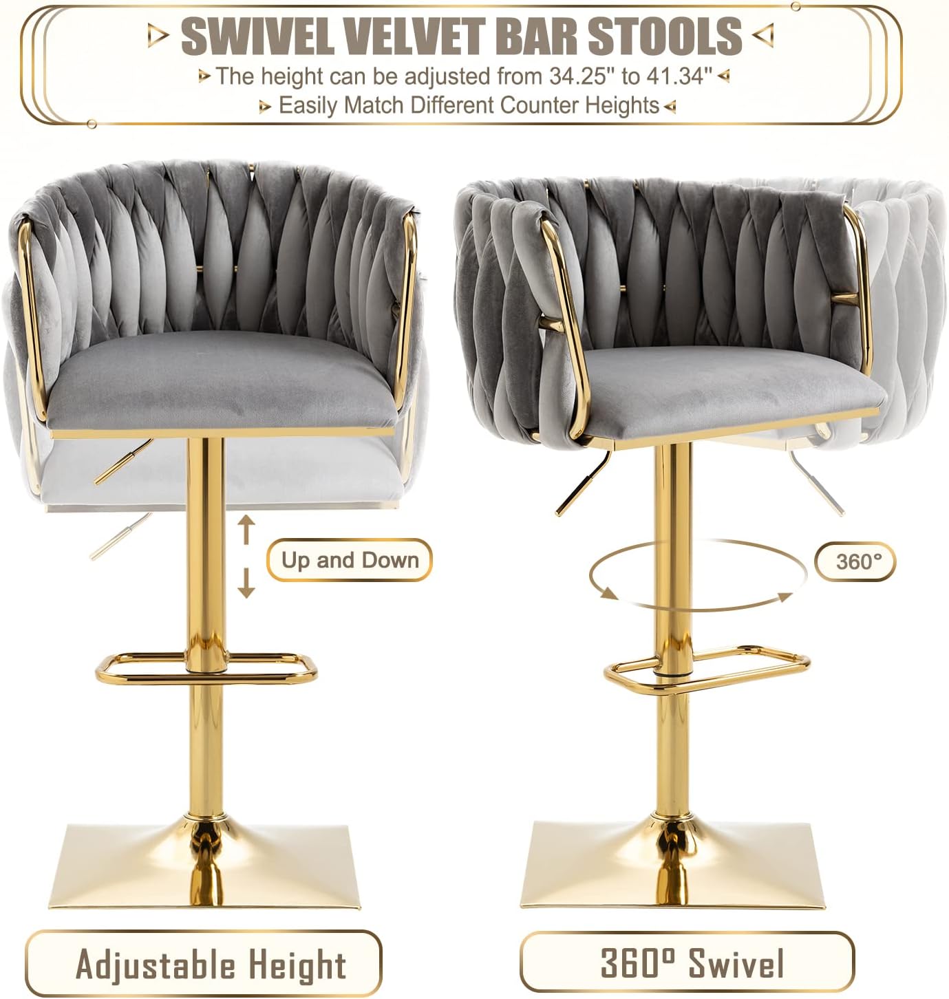 Juego de 2 taburetes de bar giratorios de terciopelo, taburetes de bar ajustables y cómodos, silla de comedor moderna con respaldo tejido, taburetes