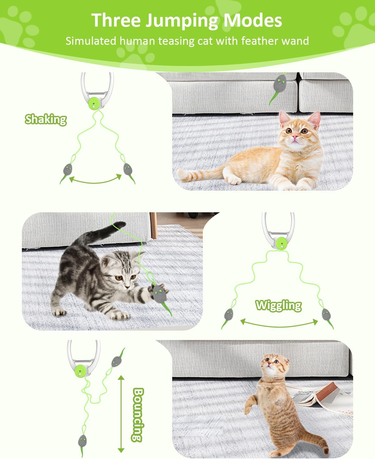 Juguete recargable para gatos activado por movimiento con coloridos ratones rebotantes, cuerda elástica y plumas, para gatos y gatitos de interior