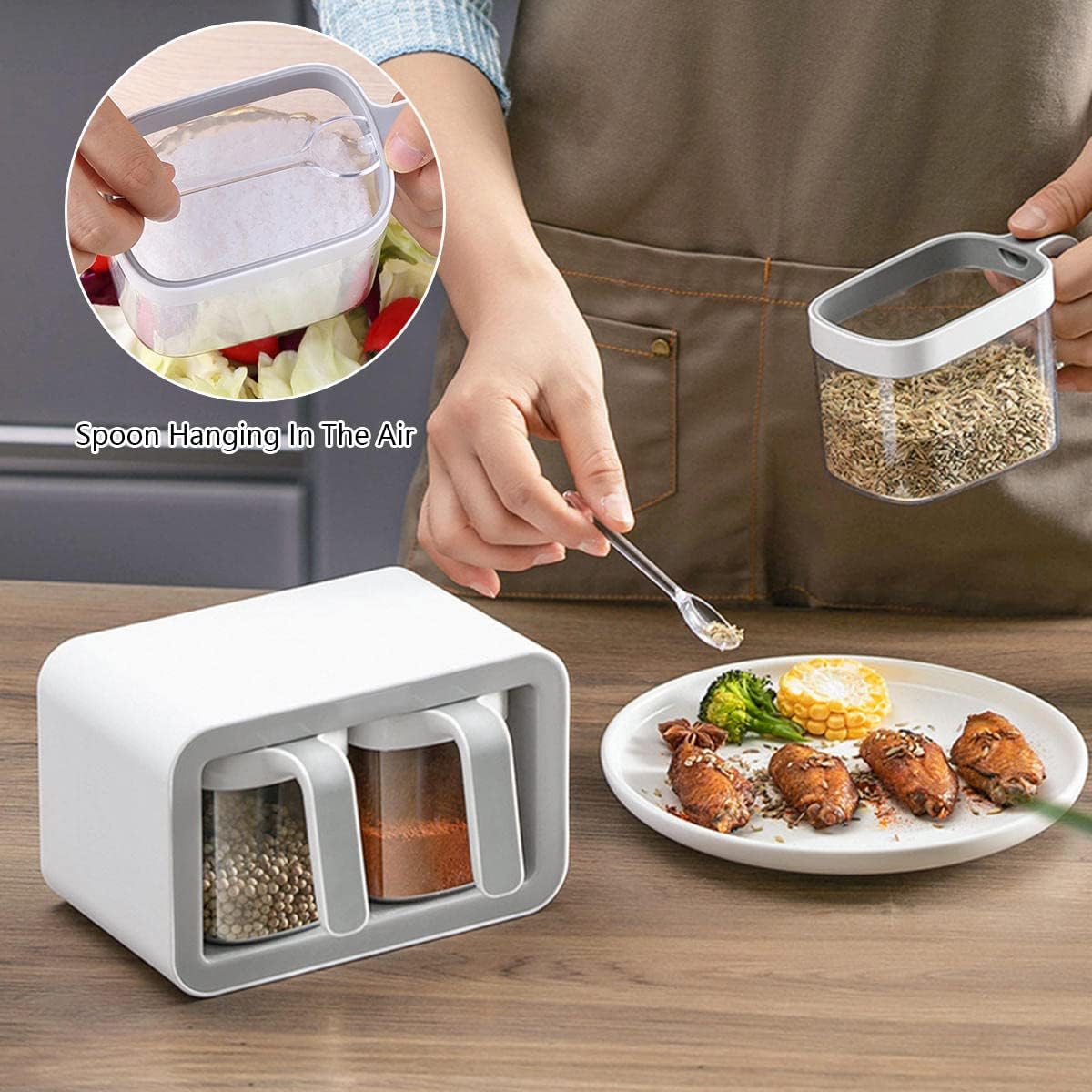 Contenedores de condimentos montados en la pared, caja de condimentos autoadhesiva, frascos de condimentos con cuchara, organizador de