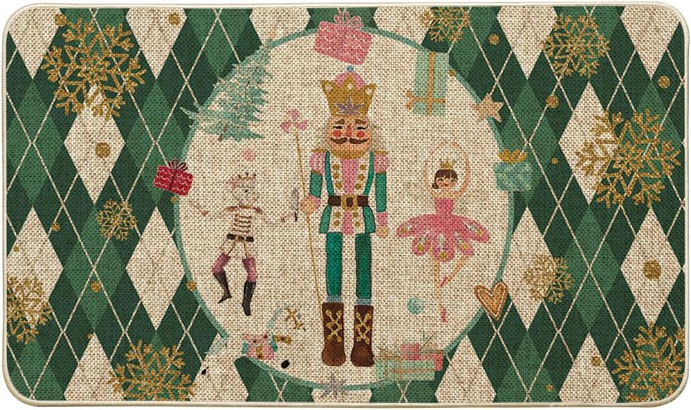 Artoid Mode Felpudo de Navidad con diseño de cascanueces de diamantes verdes, decoración del hogar, tapete de bajo perfil para puerta, 17 x 29