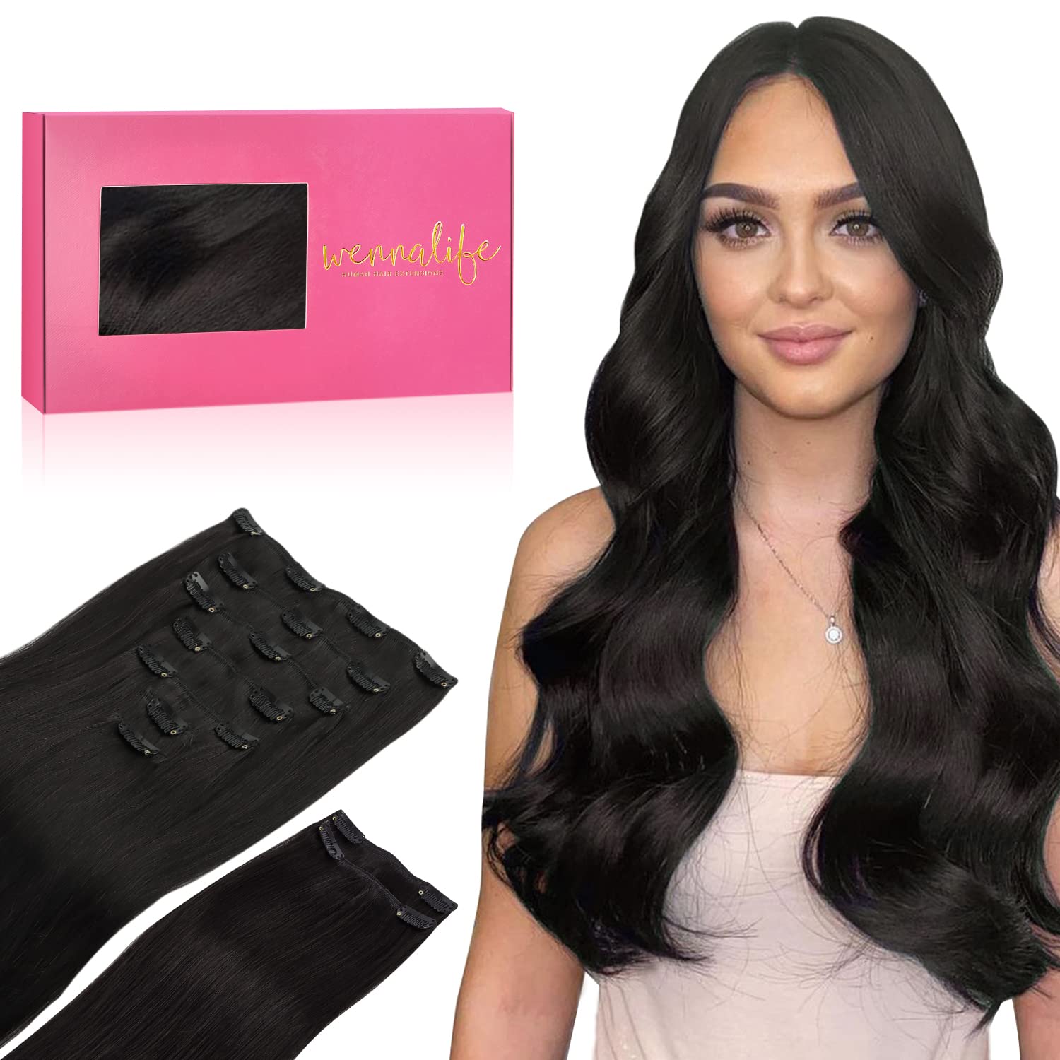 WENNALIFE Extensiones de cabello con broches, 5.22 onzas, 9 piezas, extensiones de cabello humano negro natural, extensiones de cabello humano real