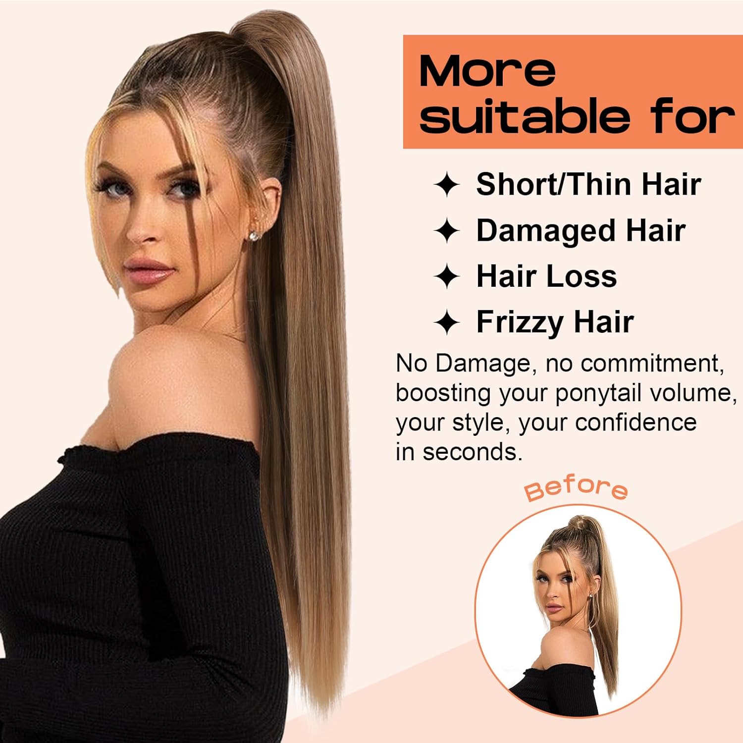 SEIKEA Extensiones de cola de caballo de 32 pulgadas con cordón largo y lacio, cola de caballo falsa, extensiones de cabello sintético suave natural