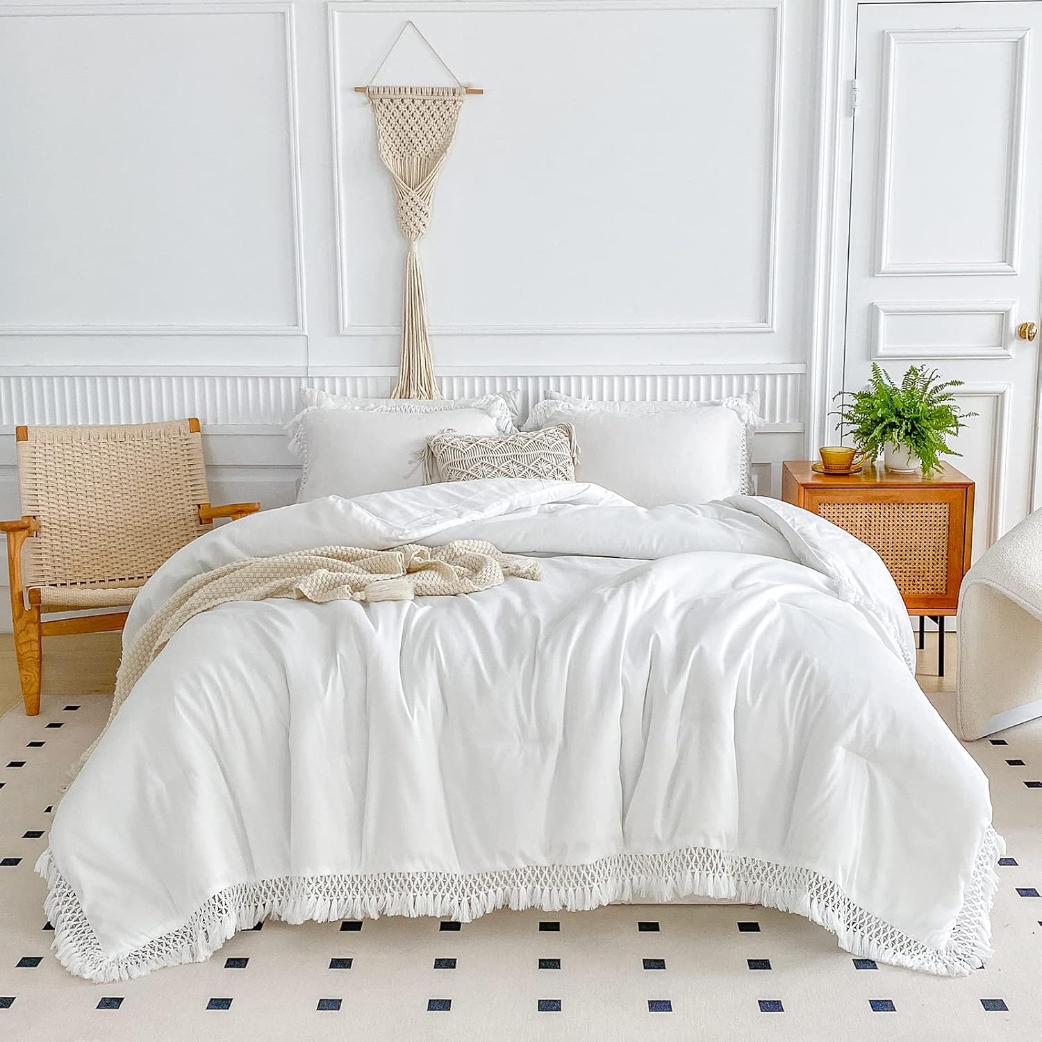 Juego de edredón con borlas blancas, tamaño Queen de 90 x 90 pulgadas, 3 piezas con flecos rosados, juego de ropa de cama bohemio de microfibra