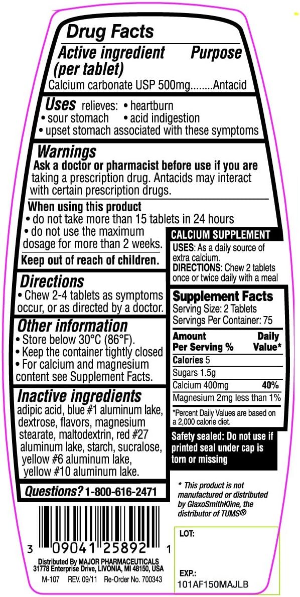 Major Calcium Antacid – Tabletas masticables con sabor a fruta surtida, fuerza regular, 150 por botella (paquete de 5)