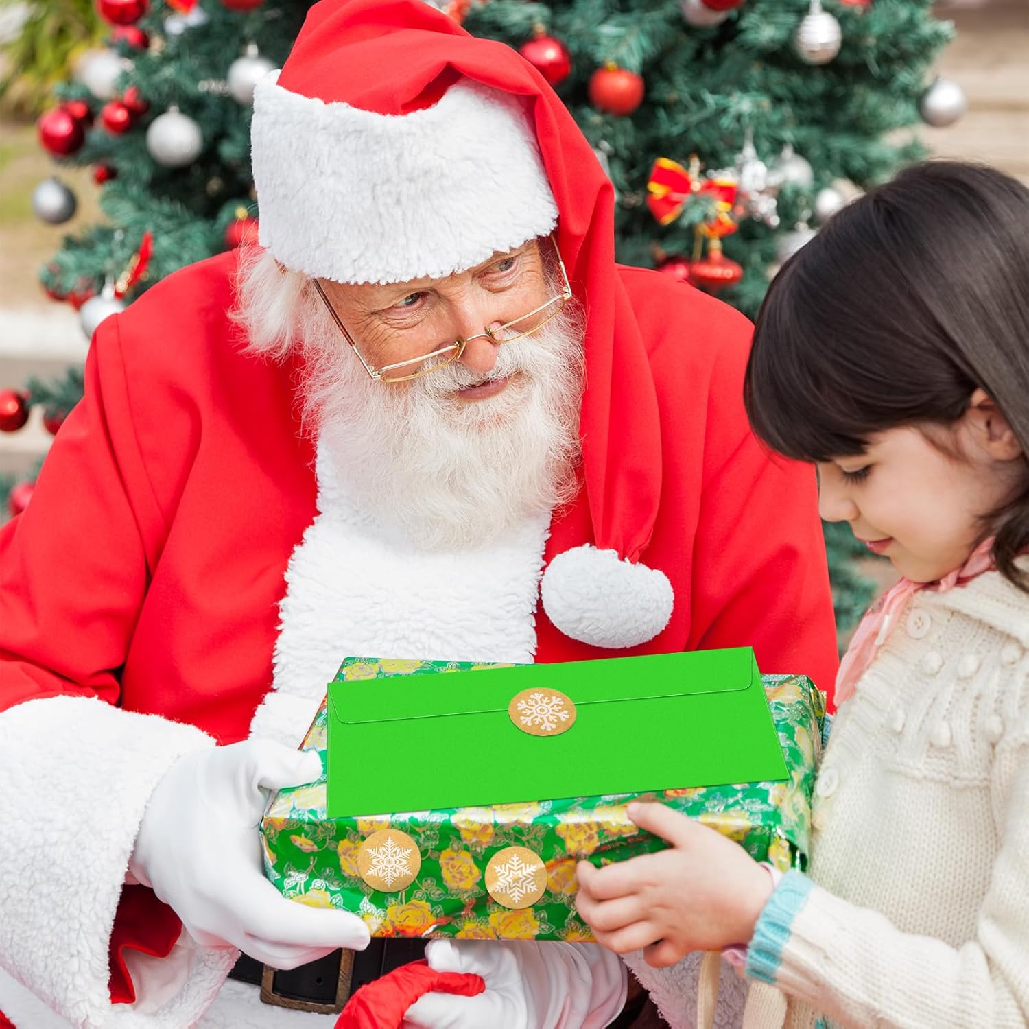 100 sobres con el número 10, sobres para tarjetas de regalo con 200 calcomanías de copos de nieve de papel de estraza de Navidad, calcomanías para