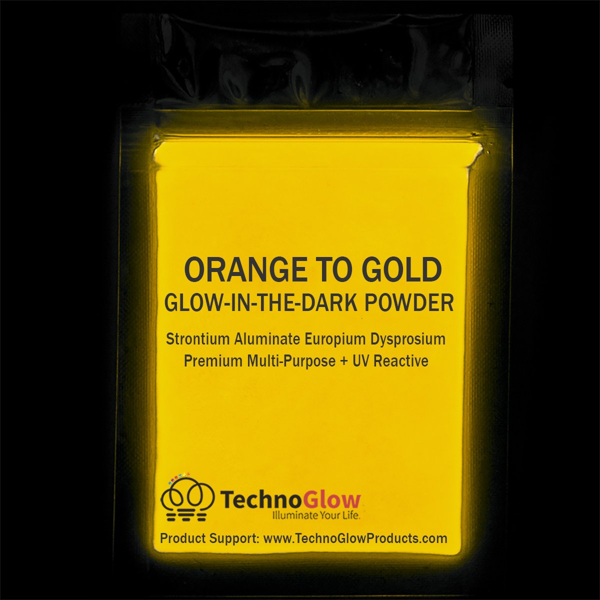 Polvo reactivo que brilla en la oscuridad y a los rayos UV, multiusos, serie PRO (naranja fluorescente a oro, 1 onza (0.99 oz))