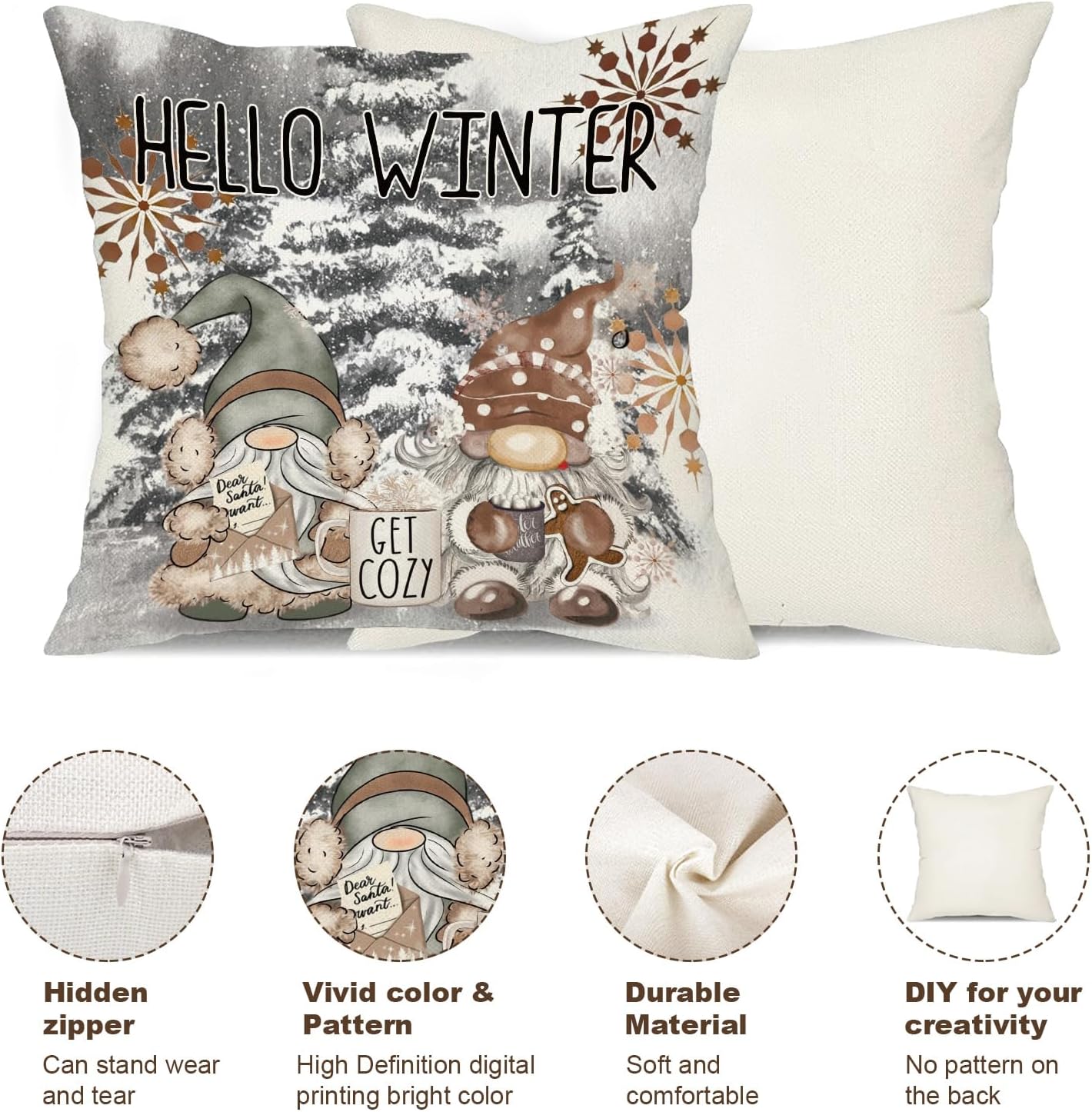 Juego de 4 fundas de almohada de Navidad de 18 x 18 pulgadas, diseño de copos de nieve, gnomos de árbol de Navidad, rústico, para invierno,