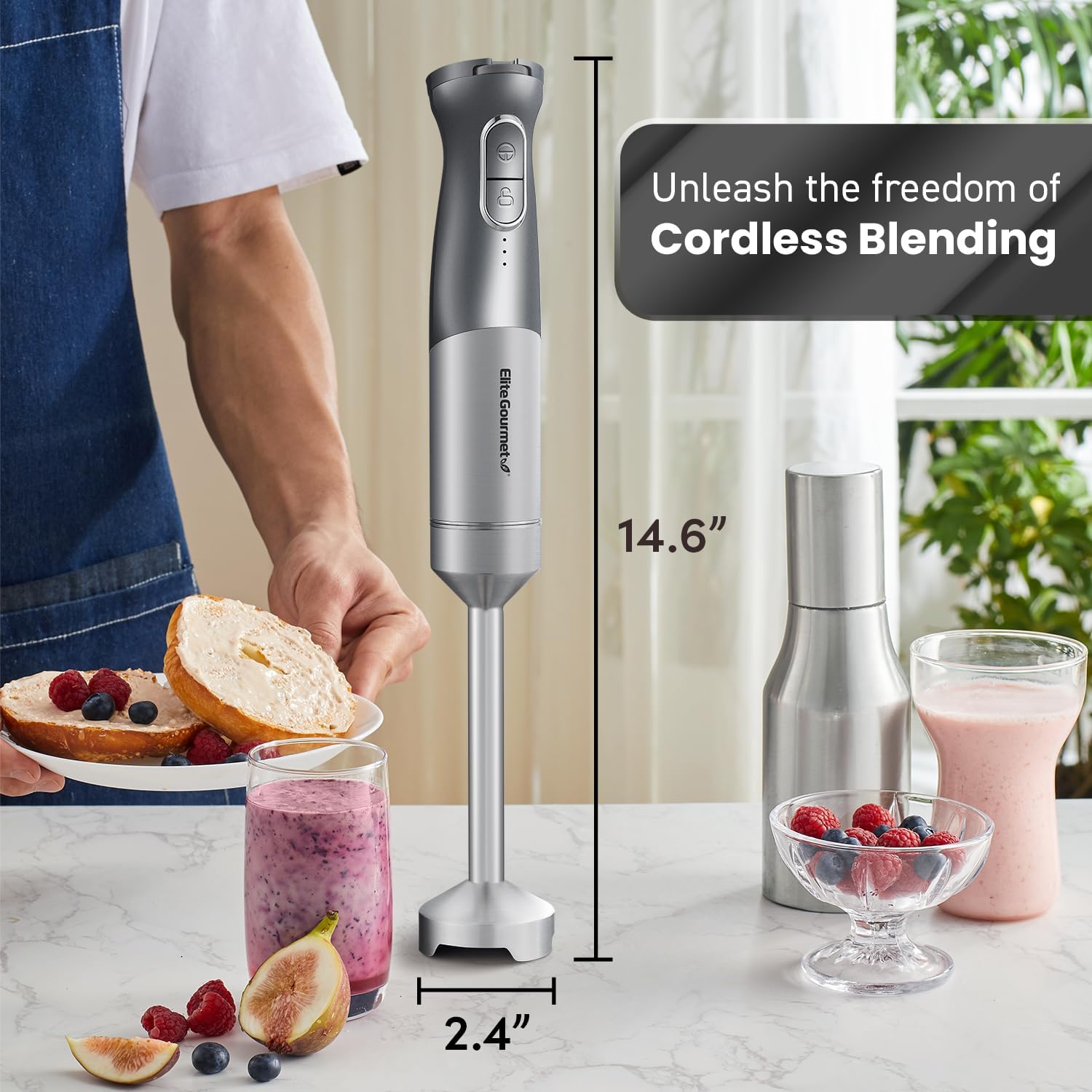Elite Gourmet EHB1300 Batidora de mano recargable inalámbrica, velocidad variable, acero inoxidable, gris, 16 onzas líquidas