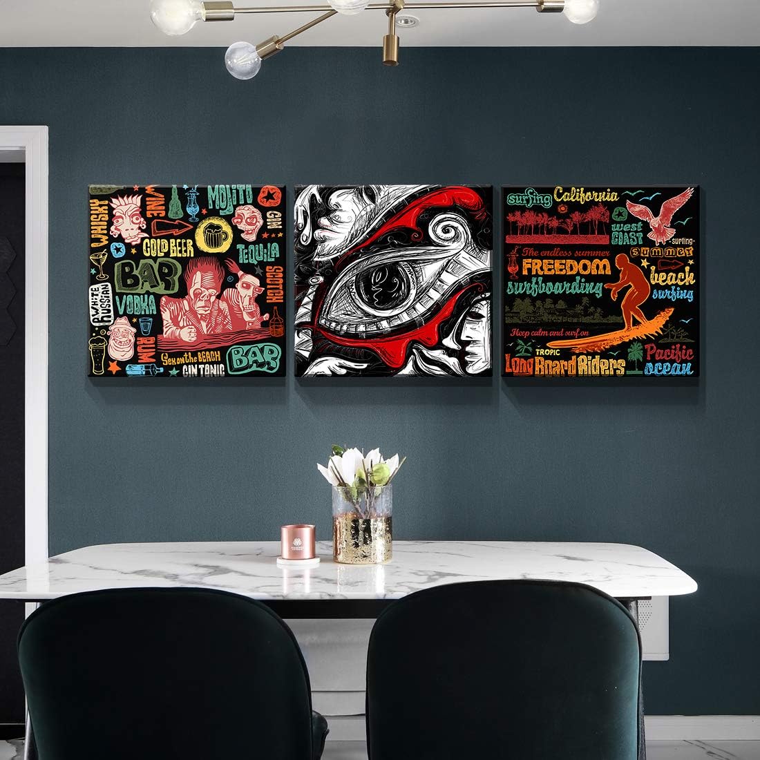 Denozer – 3 impresiones en lienzo para pared – Arte de pared con texto de graffiti para decoración de sala de estar, dormitorio, estirado y