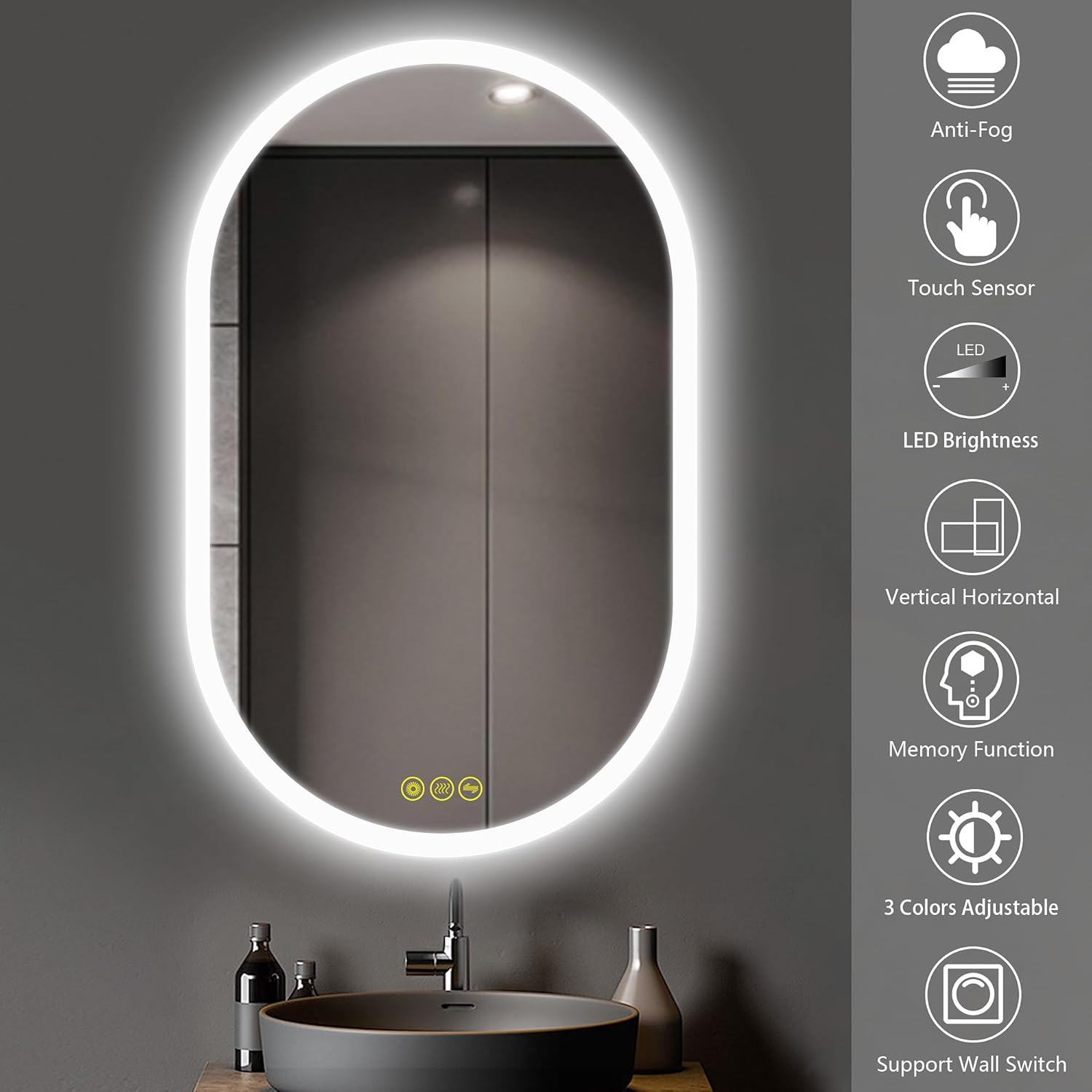 Espejo LED ovalado de baño de 24 x 36 pulgadas, espejo retroiluminado LED, tocador de baño con luces, 3 colores sin escalones, regulable,