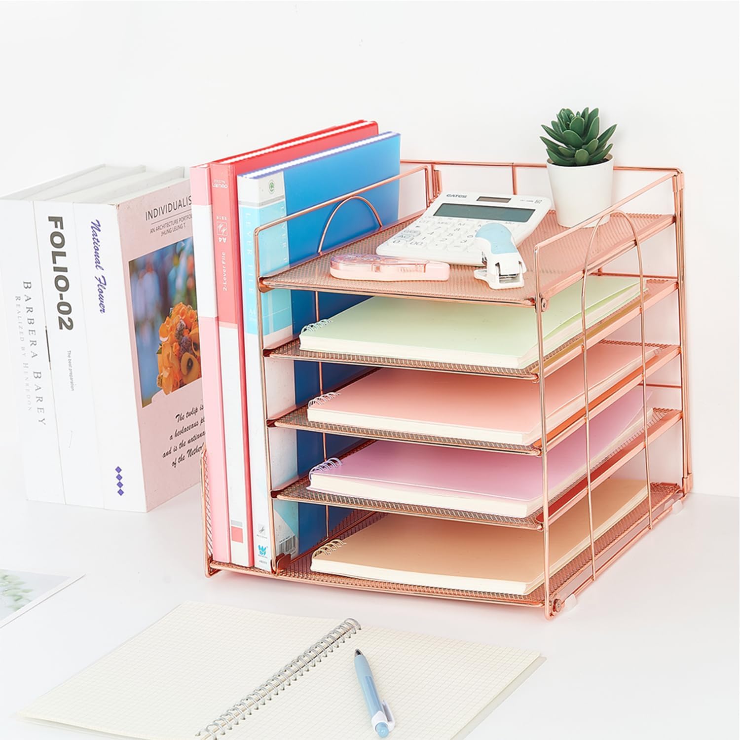 LEKETREE Organizadores de escritorio y accesorios, organizador de bandeja de papel de 5 niveles con soporte para archivos, suministros de oficina