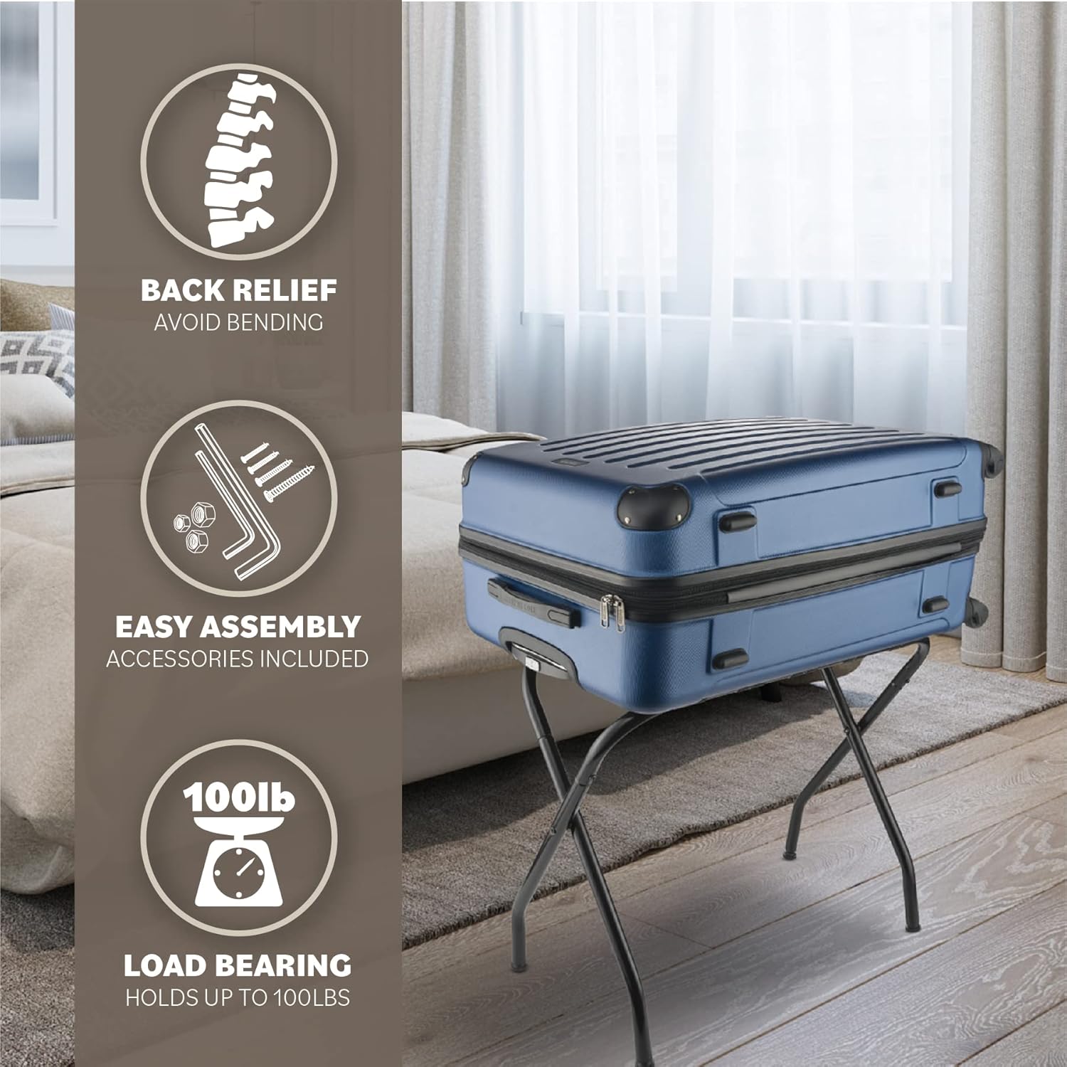 Bartnelli Paquete de 2 portaequipajes plegables de metal con correas de nailon negras duraderas, para dormitorio, habitación de invitados u hotel