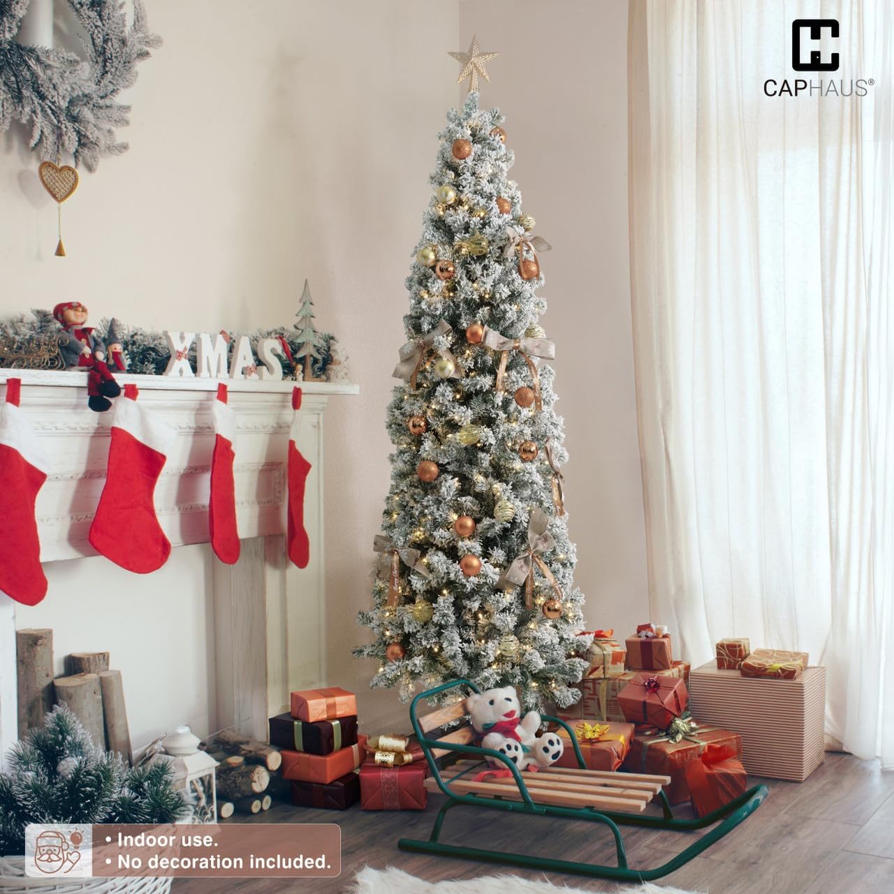 CAPHAUS Árbol de Navidad artificial preiluminado de 7.5 pies con 980 puntas de ramas prearticuladas y soporte plegable, árbol de Navidad delgado