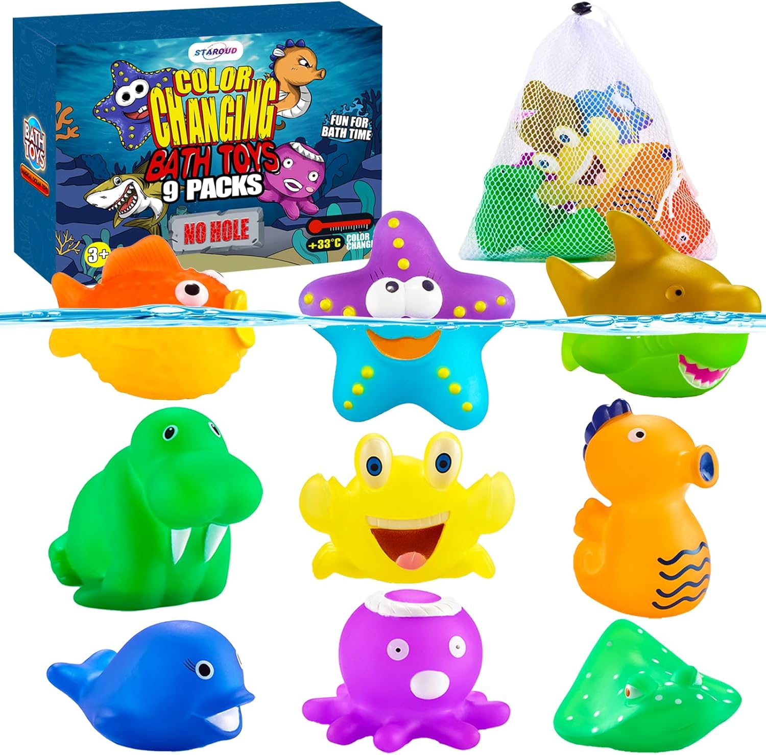 Juguetes de baño sin moho que cambian de color para niños pequeños, criaturas marinas que cambian de color, juguetes de animales del océano con