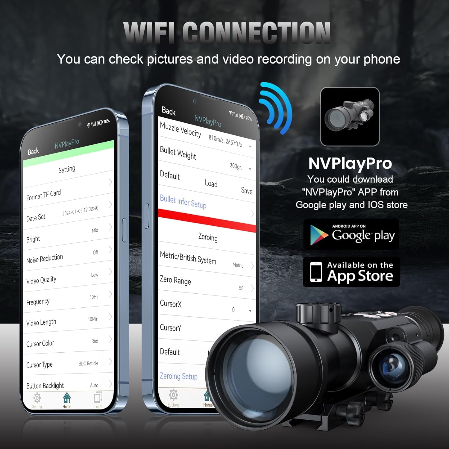Alcance digital de visión nocturna para caza lente de 1.969 in, aplicación WiFi, zoom de 3.7-11x, punto de mira fácil de poner a cero IP66 luz