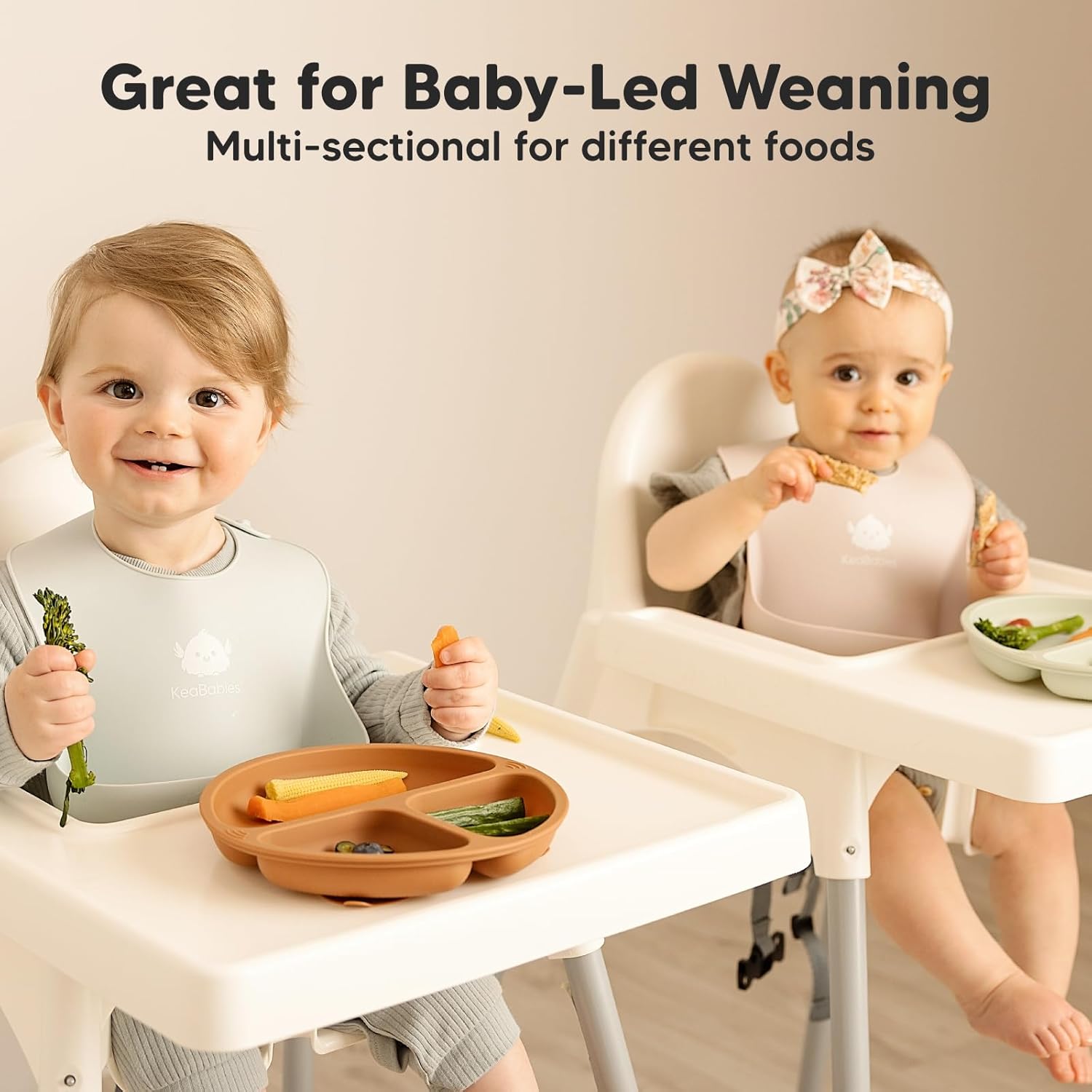 KeaBabies Placas de succión para bebé, niños pequeños, paquete de 3 platos 100% de silicona para niños, platos divididos para bebés con succión,