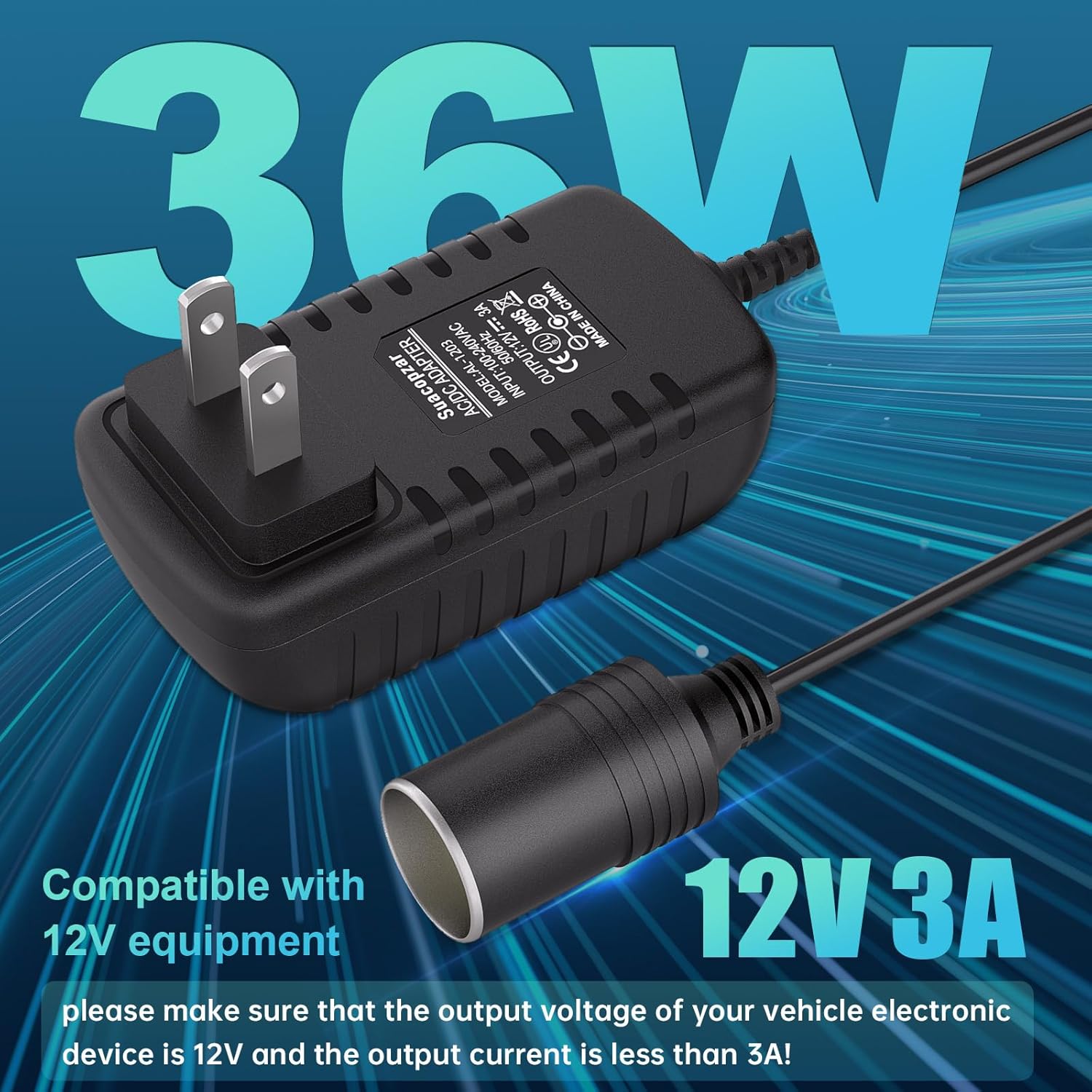 12V 3A 36W AC a DC Convertidor de encendedor de cigarrillos de coche (no para dispositivo de alta potencia), AC 110-240V a DC 12V Fuente de