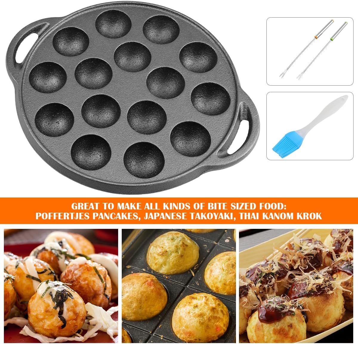 Escargot – Plato de hierro fundido para hongos Takoyaki con 15 agujeros de compartimento, máquina de bolas de pulpo con tenedores y cepillo para