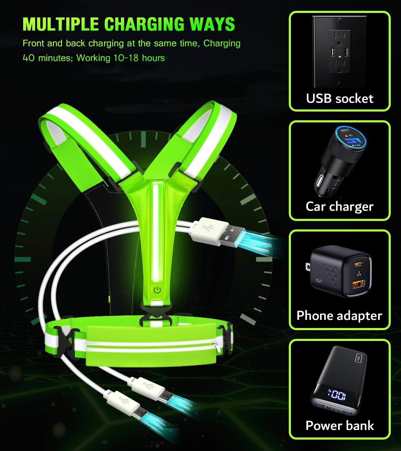 Chaleco reflectante LED para correr, chaleco de correr recargable por USB para corredores, caminatas nocturnas con bolsa impermeable para teléfono,