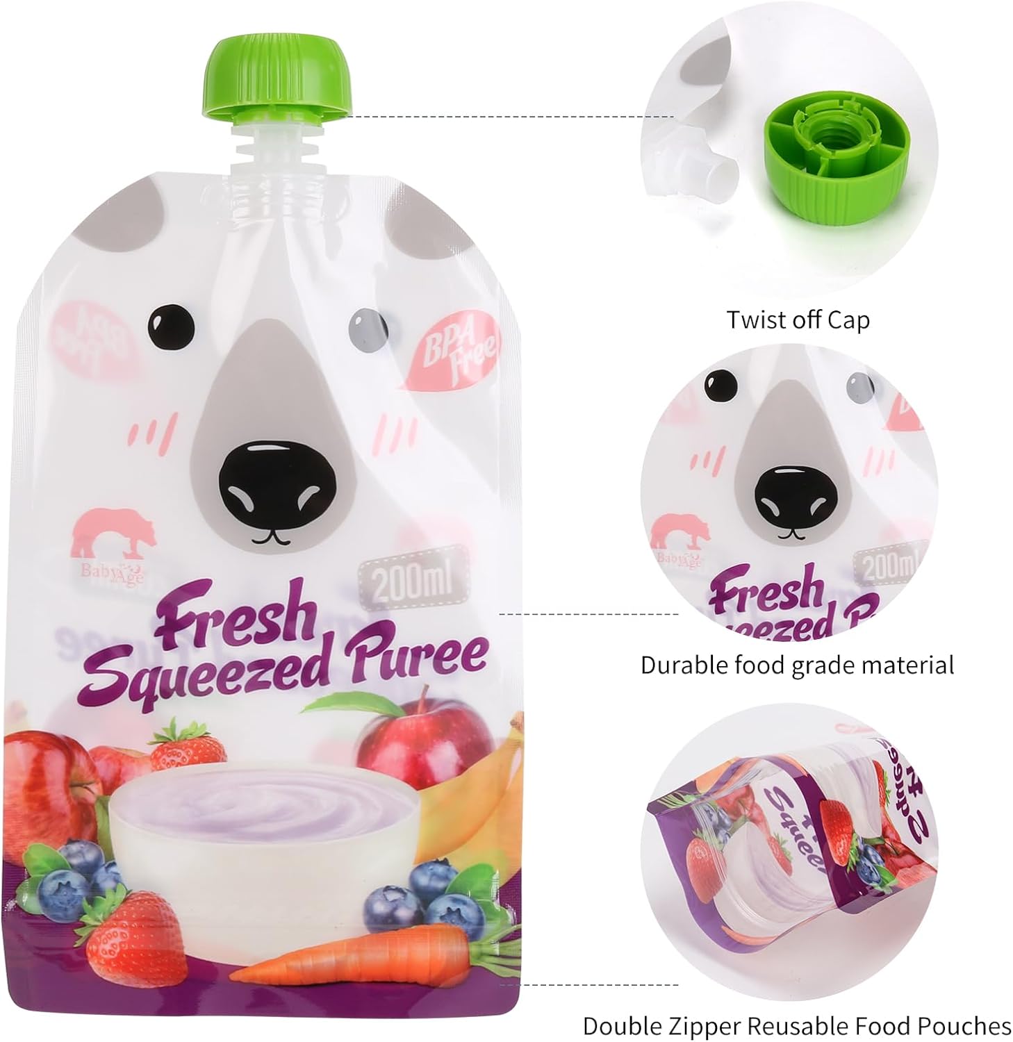 Nuevo fabricante de bolsas de alimentos para bebés, bolsas reutilizables con cremallera para niños pequeños, sin BPA, puré de frutas recargable,