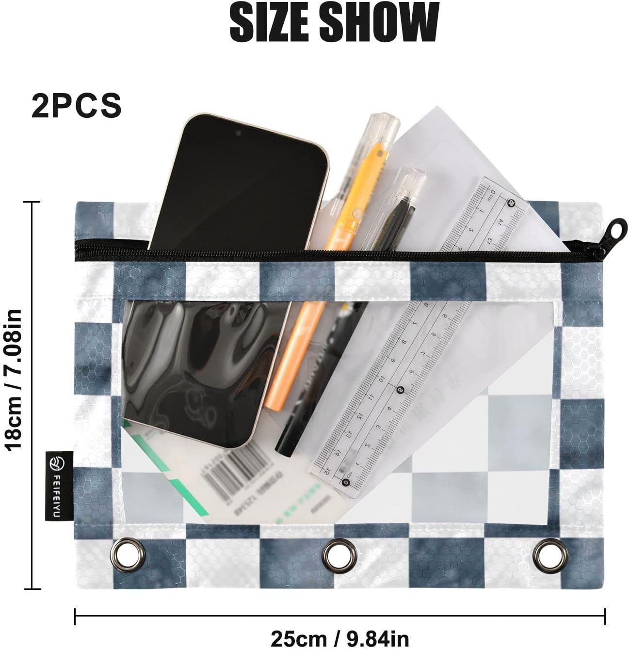 Bolsas para carpetas, bolsa para lápices de tablero de ajedrez de mármol gris para carpeta de 3 anillos, paquete de 2 bolsas transparentes con