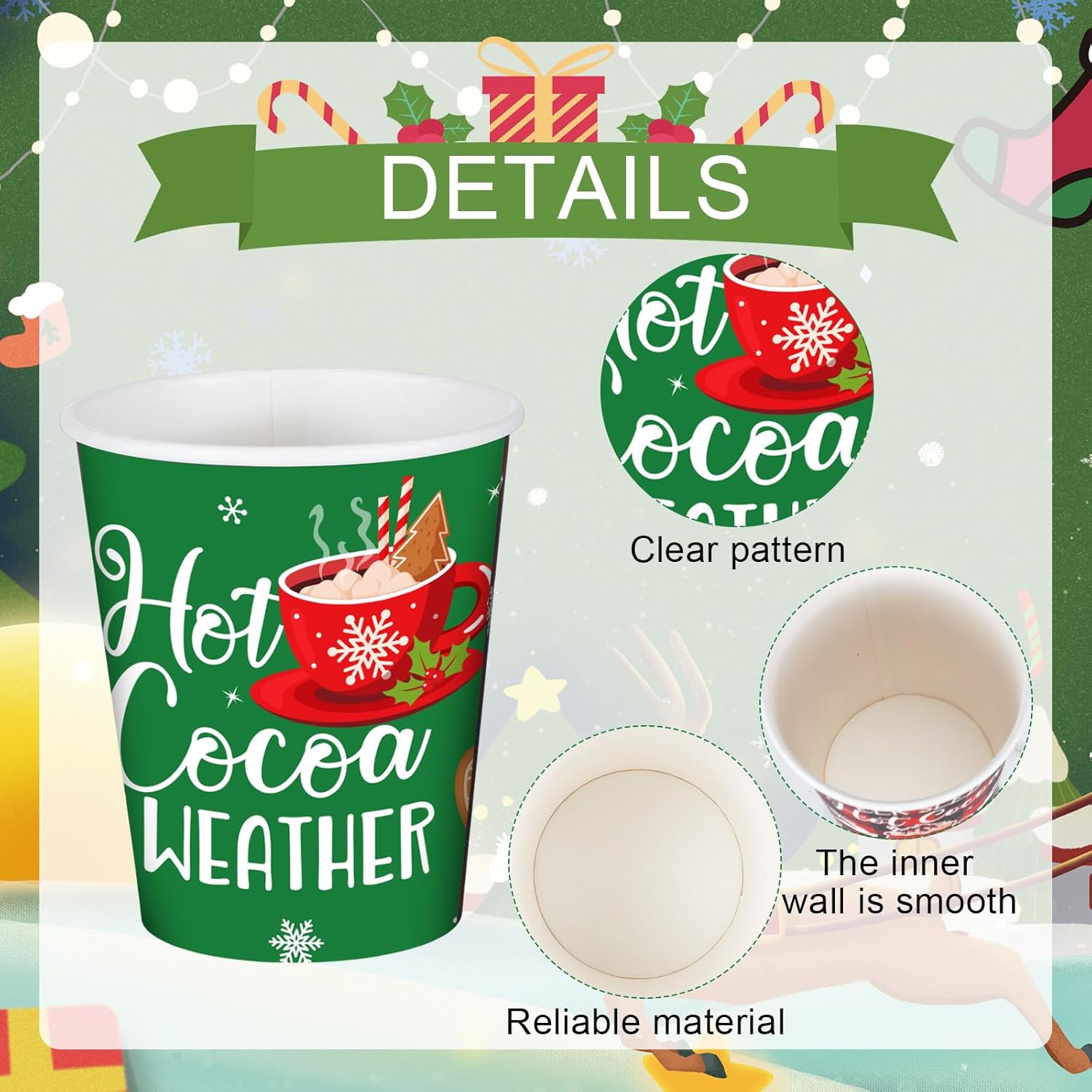 Layhit Vasos de papel de cacao caliente de Navidad, 8 onzas, desechables para bebidas fríascalientes, tazas de chocolate caliente, tazas de café