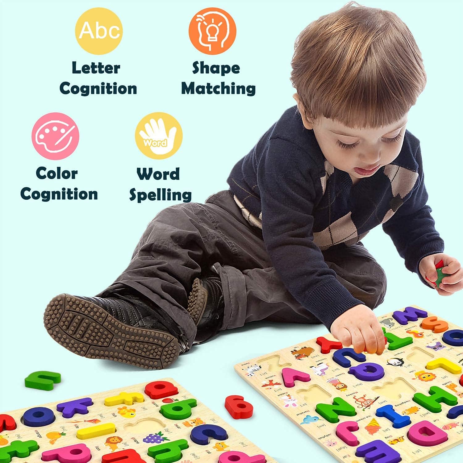 Rompecabezas de madera del alfabeto para niños de 2 a 4 años, juego de rompecabezas preescolares clásicos de aprendizaje ABC con clavijas, letras