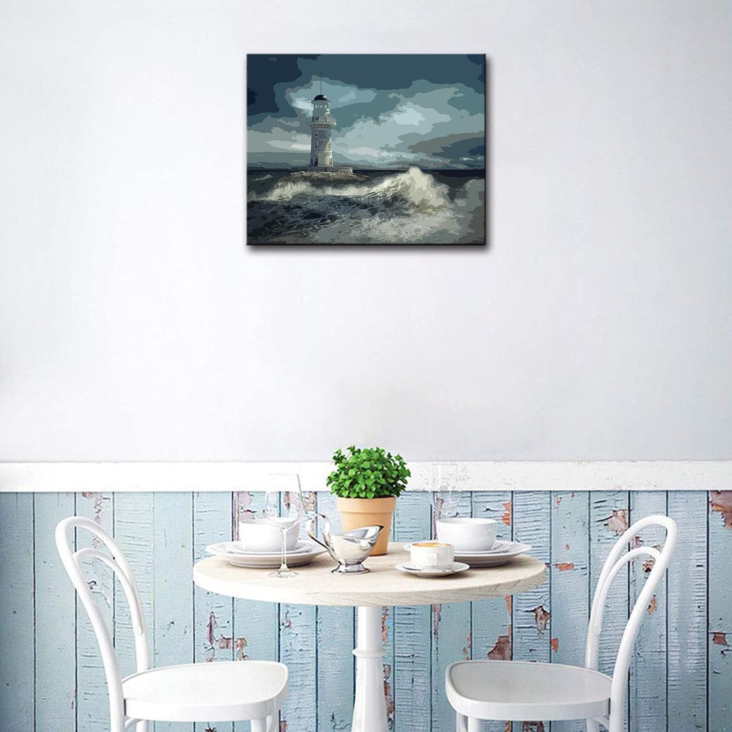Pintura de faro de fantasía, pintura dramática por números, 16 x 20 pulgadas, lienzo para bricolaje, pintura al óleo del océano tropical, para