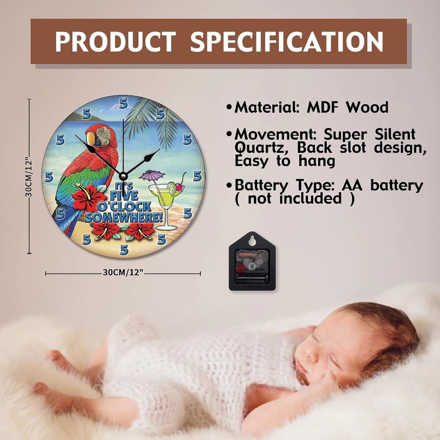 ArogGeld Reloj de pared Parrot Beach de 5 en algún lugar, reloj de pared de madera grande que funciona con pilas, 12 pulgadas, silencioso, sin