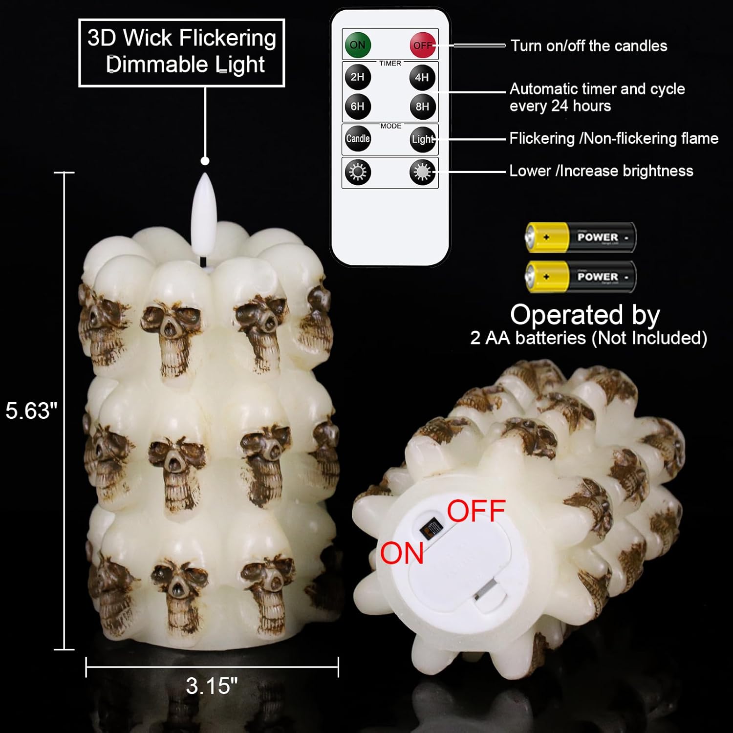 DRomance Velas sin llama apiladas de calavera con control remoto de 10 teclas y temporizador, paquete de 2 velas LED parpadeantes de cera real con