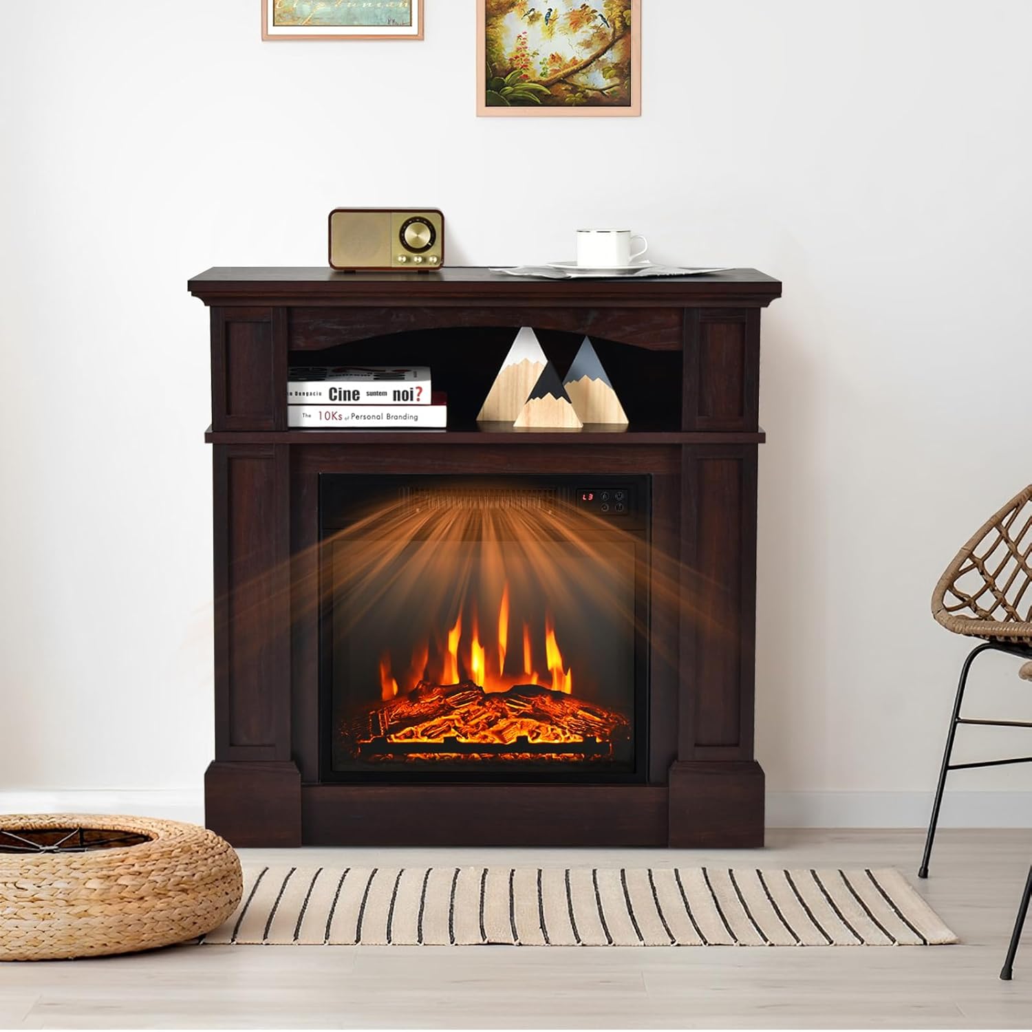 ORALNER Chimenea eléctrica de 32 pulgadas con repisa, paquete de chimenea envolvente de madera con 3 efectos de llama, control remoto y temporizador