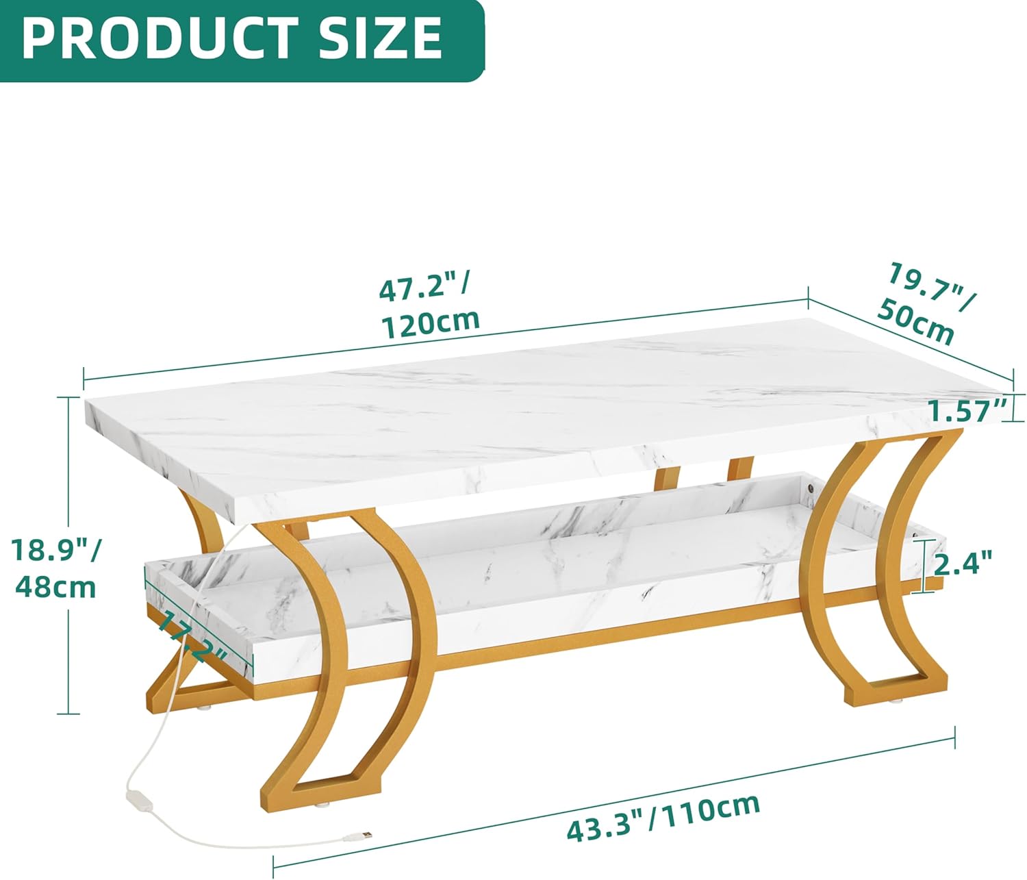 YITAHOME Mesa de centro modernas para sala de estar, mesa de centro de mármol blanco, mesa de centro LED con almacenamiento, mesa central de madera