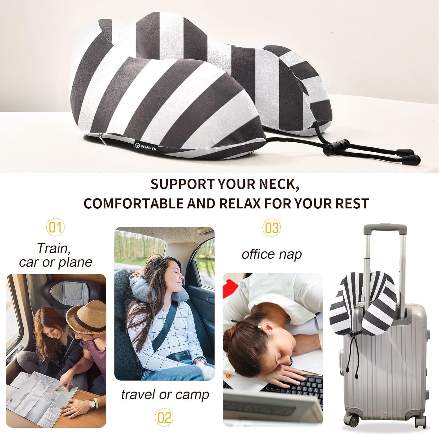 Almohada portátil para el cuello de las rayas negras y blancas que viajan, almohada del avión de la forma de U, niños de la almohada del viaje