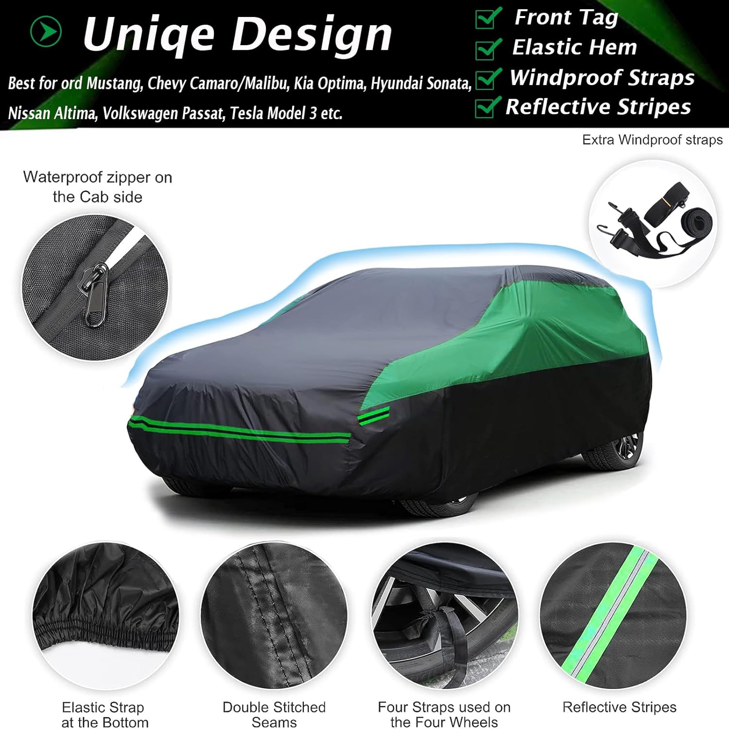 Big Ant Funda impermeable para automóvil para todo tipo de clima, ajuste universal para sedán, Ford Mustang, Chevy CamaroMalibu, Kia Optima, Hyundai