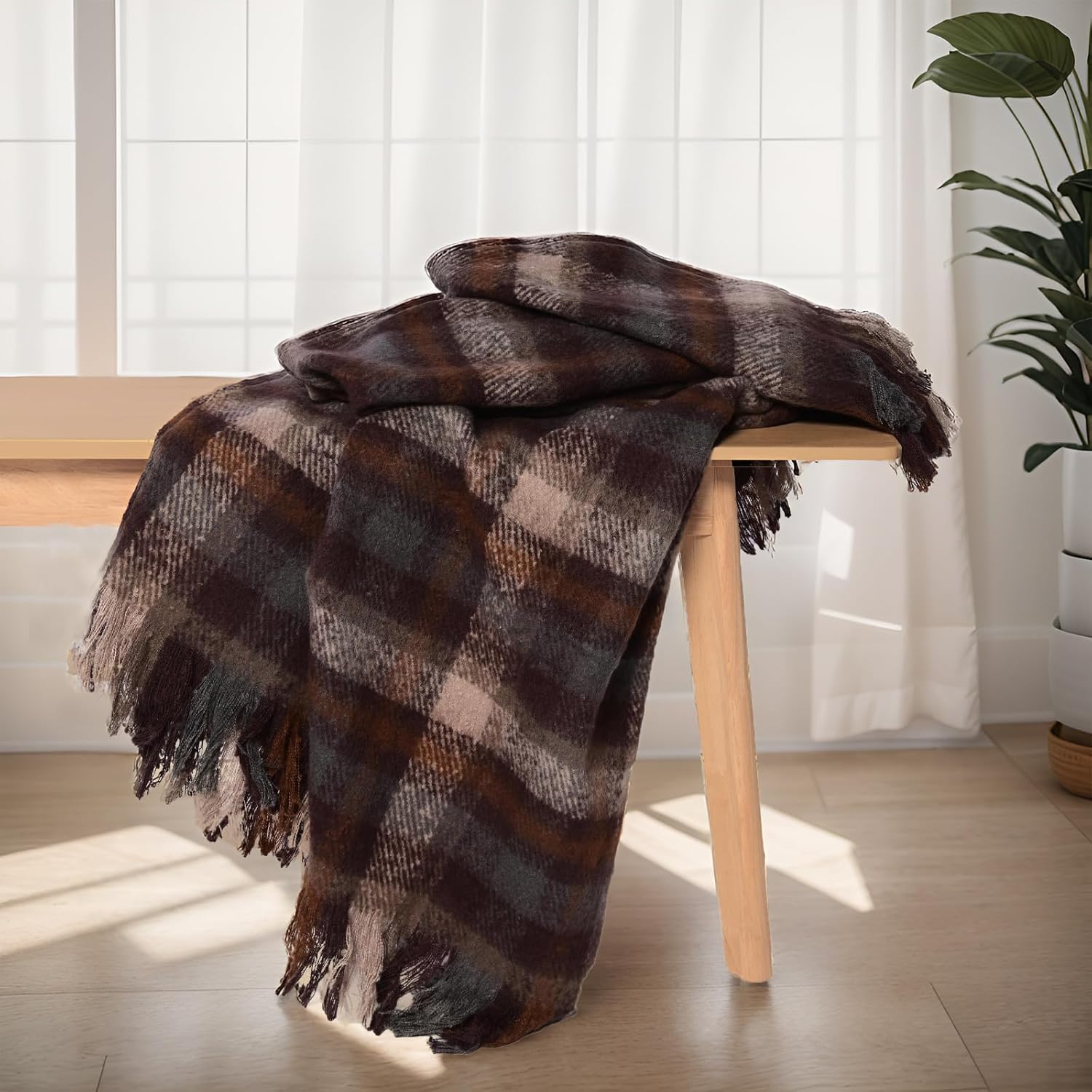 ZonLi Manta de 50 x 60 pulgadas, color marrón, decorativa, clásica, con borlas para sofá, cama, sofá, silla, al aire libre, acogedora, cálida y