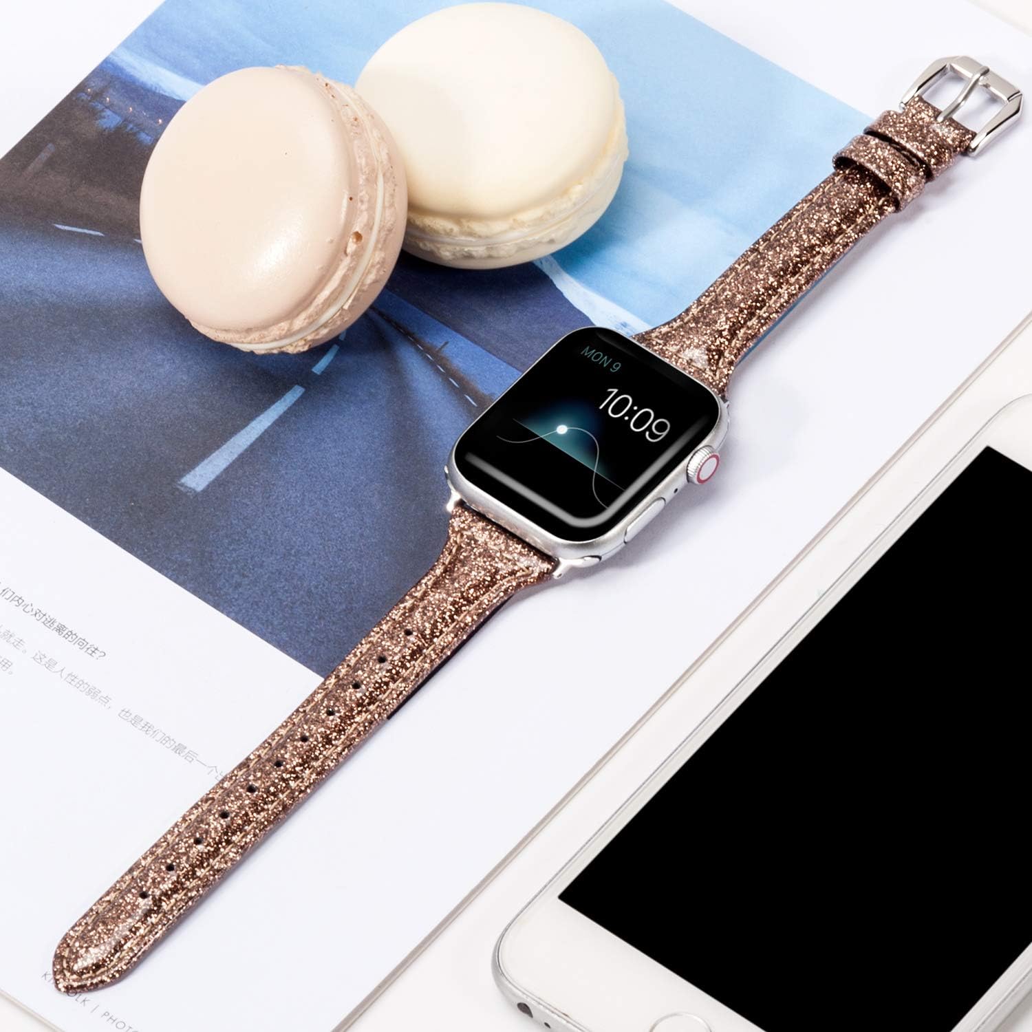 Wearlizer – Correa de repuesto de piel fina con purpurina compatible con correas de Apple Watch de 1.496in, 1.575in, 1.654in, 1.732in, para mujer,