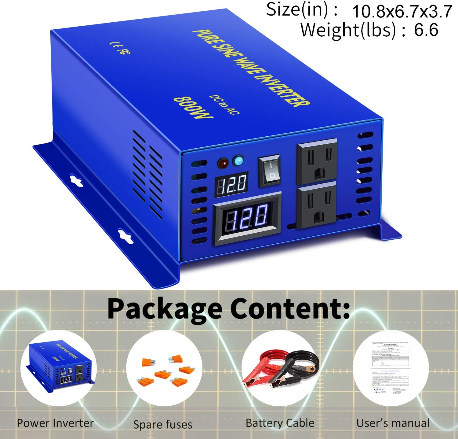 Inversor de onda sinusoidal pura de 800 W, 12 V a 110 V, 120 V, inversor de energía solar, CC a CA, enchufe dual de EE. UU. para electrodomésticos