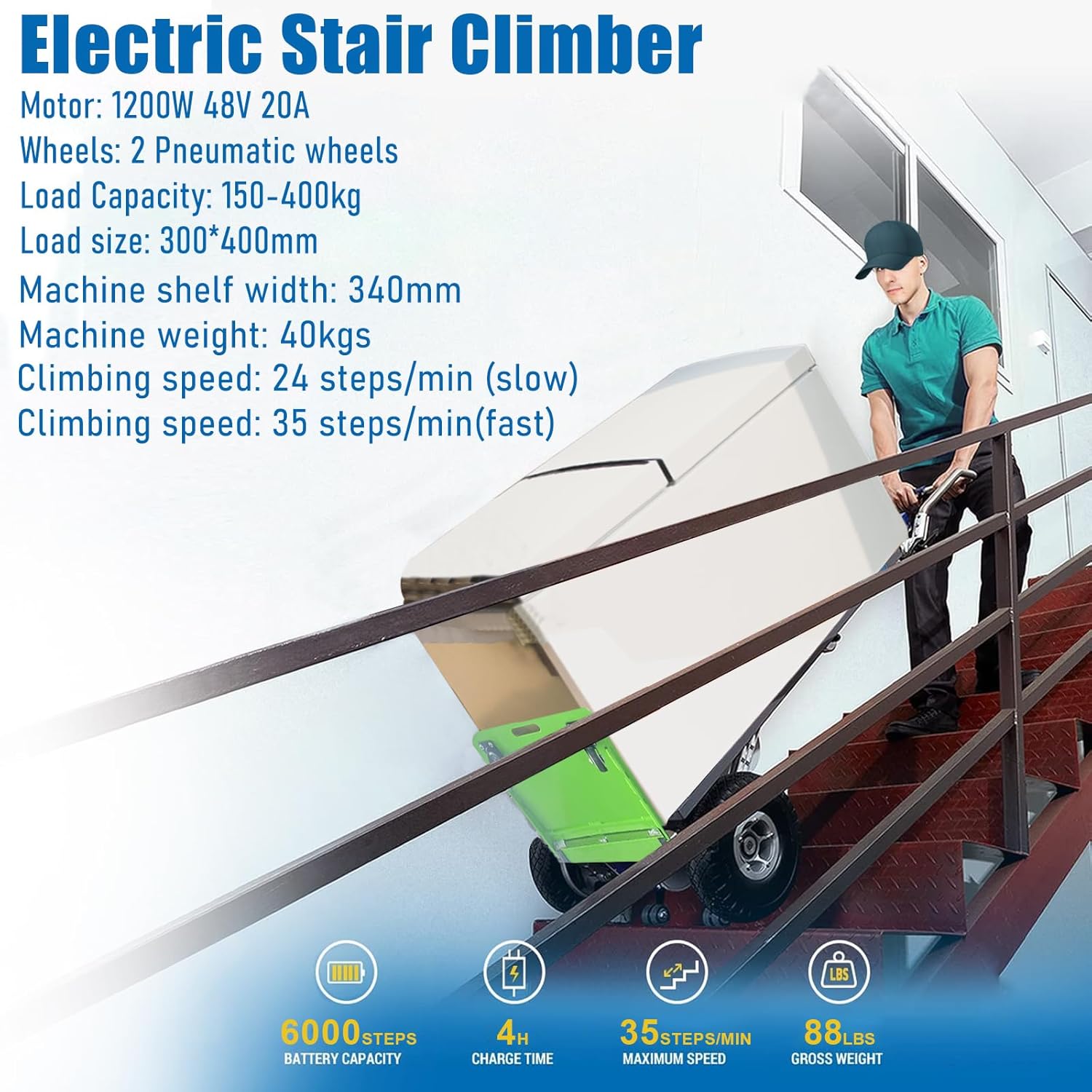 Carrito de mano eléctrico para escaleras, 20 Ah, para mover, capacidad máxima de 880 libras, resistente, escalador de escaleras con mango plegable y