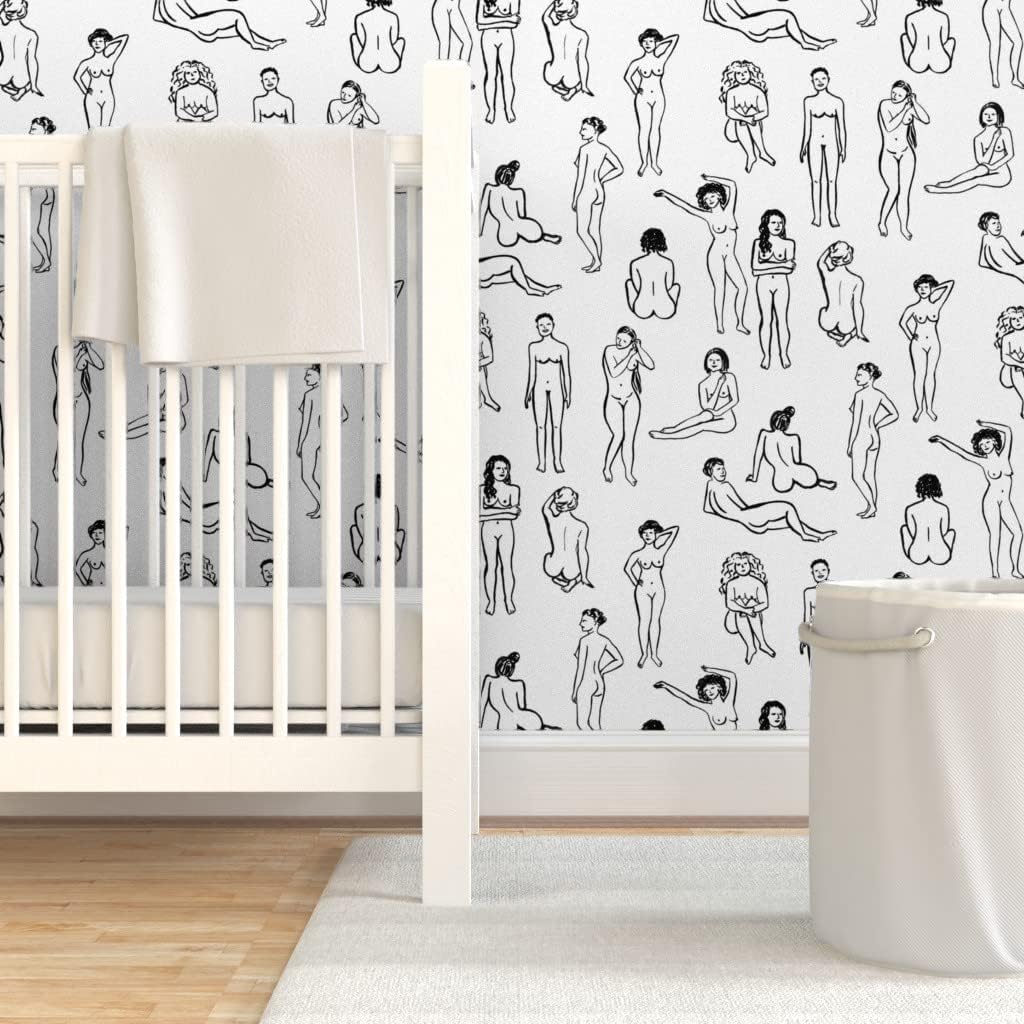 Spoonflower Papel tapiz para despegar y pegar – Mujeres Blanco Negro Mujer Niña Poder Vida Dibujo Cuerpo Mujer Salud Personalizado Papel pintado