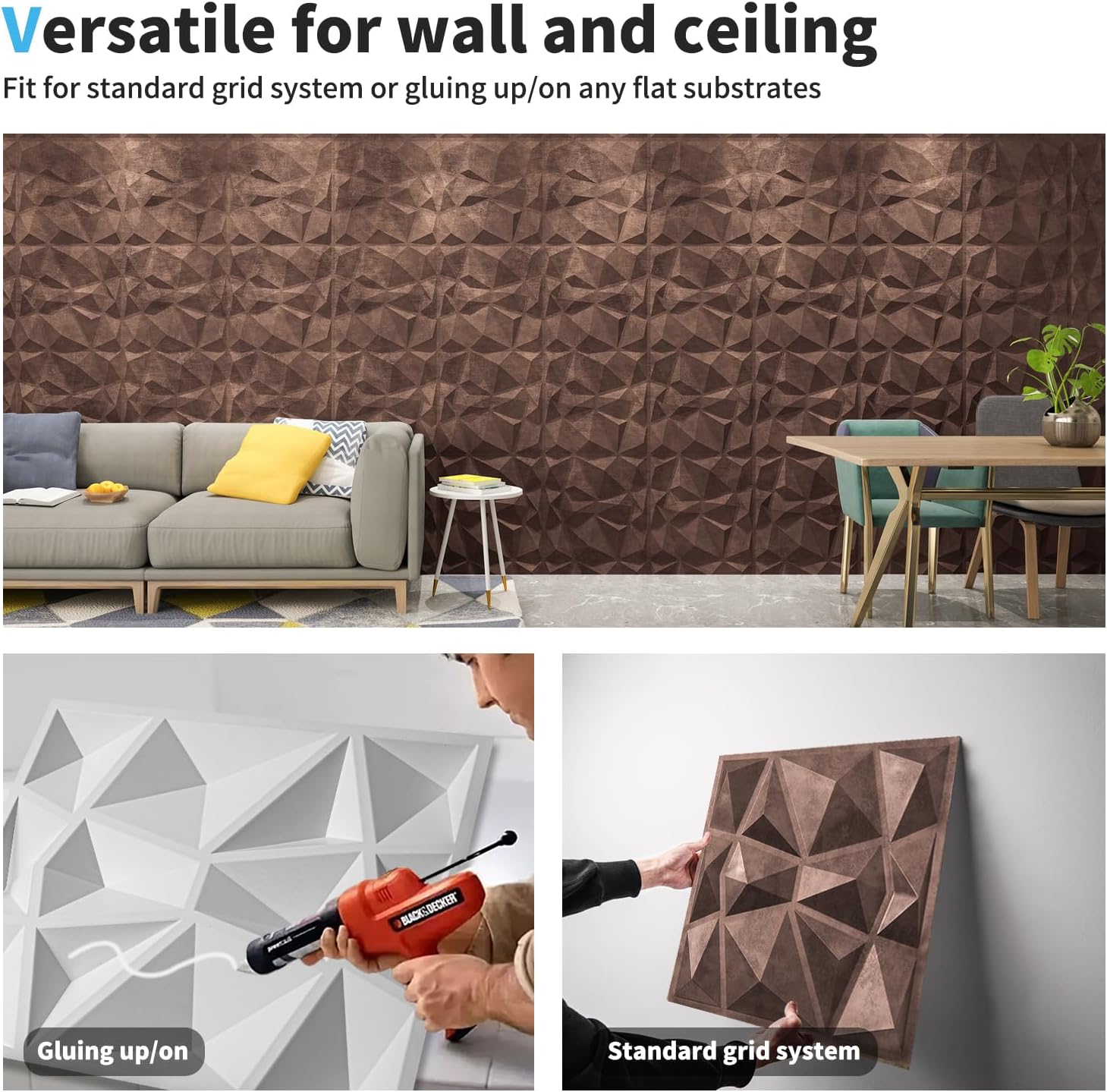 Art3d Textures A10038AC – Paneles de pared 3D con diseño de diamante de cobre antiguo para decoración de pared interior, paquete de 12 azulejos de