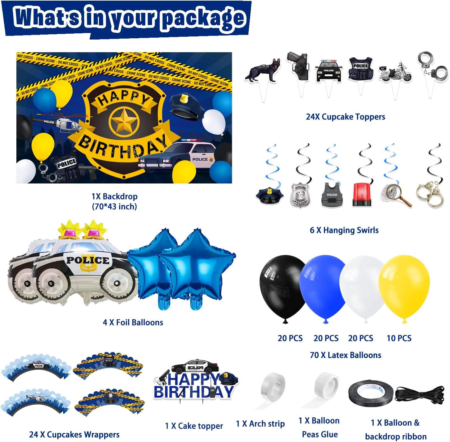 Suministros de fiesta de cumpleaños de policía, 159 piezas de decoración de fiesta de autos de policía para niñas y niños – telón de fondo,