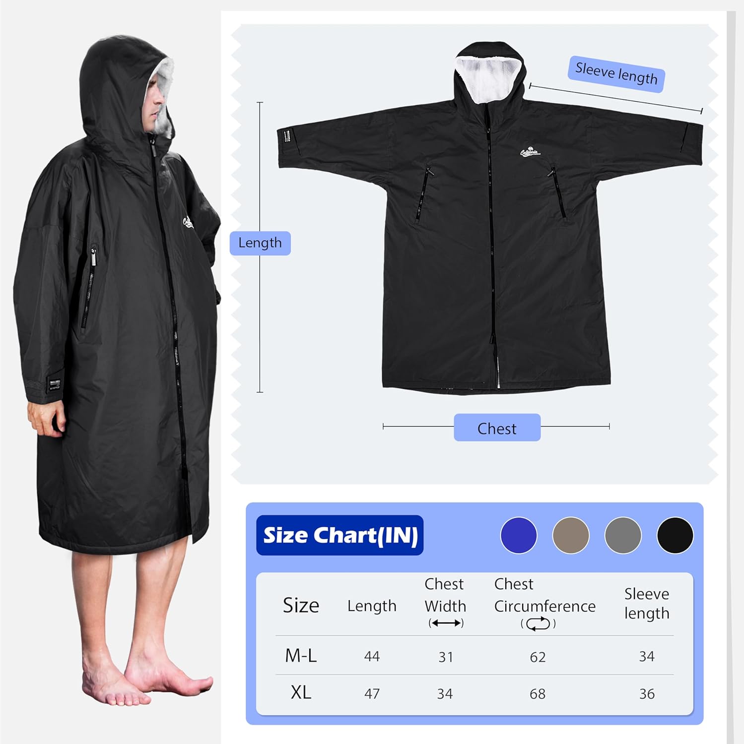 Catalonia Parka de natación para hombres y mujeres, chaqueta de natación impermeable, cálida bata de poncho cambiante con forro de sherpa