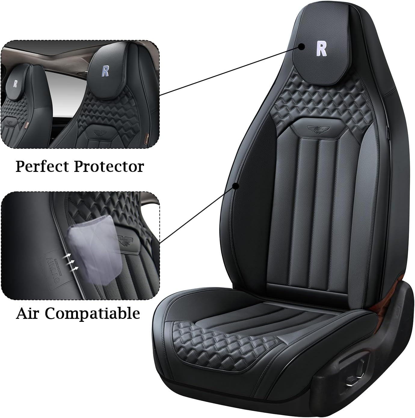 Coverado Juego completo de fundas de asiento de automóvil, fundas de asiento de cubo para 5 asientos, fundas de asiento de cuero de napa para