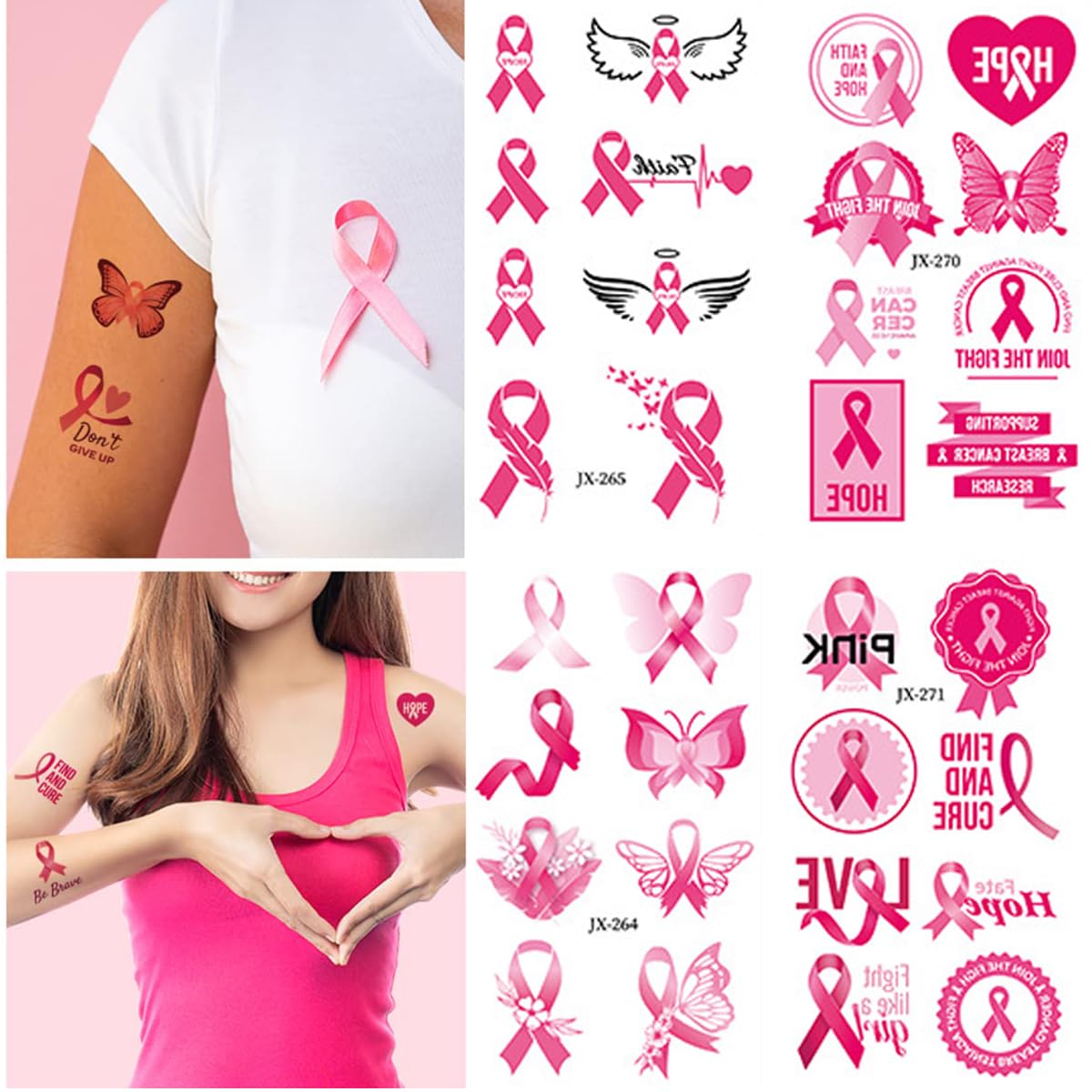 Tatuajes temporales de cáncer de mama para mujeres, 10 hojas de decoración de fiesta de cáncer de mama, cinta rosa, tatuajes falsos, regalos para