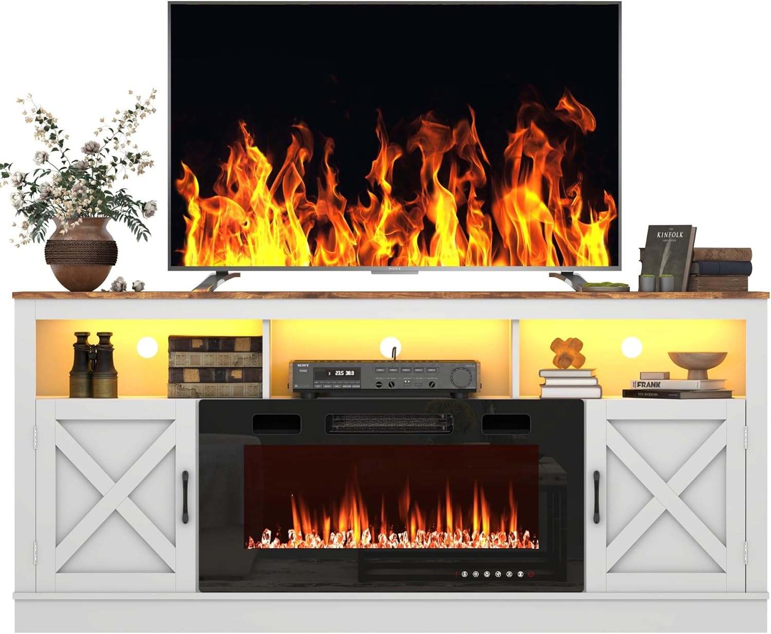 Soporte de TV con chimenea de granja para TV de 707580 pulgadas, centro de entretenimiento de 32 pulgadas de alto con chimenea eléctrica de 36
